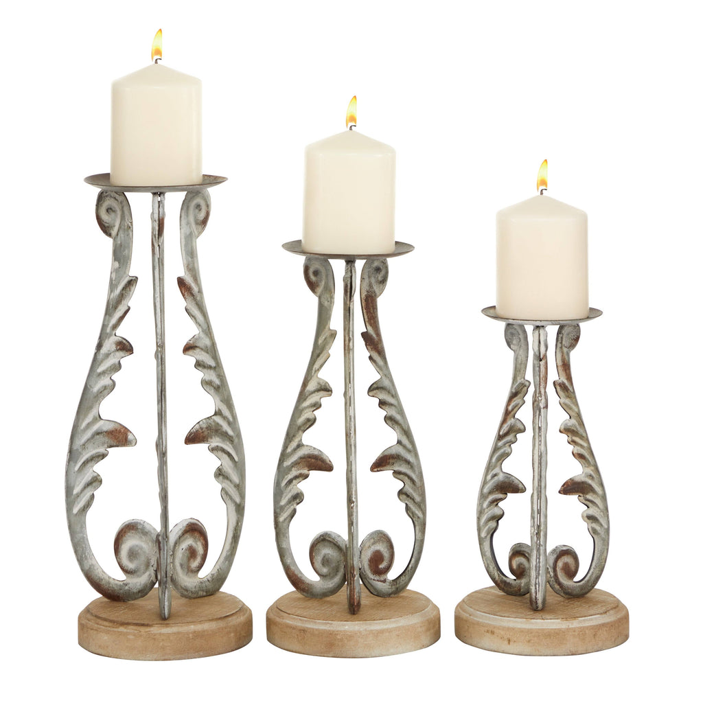 Distressed Silver Metal and Wood Set of 3 Candle Holders A63741