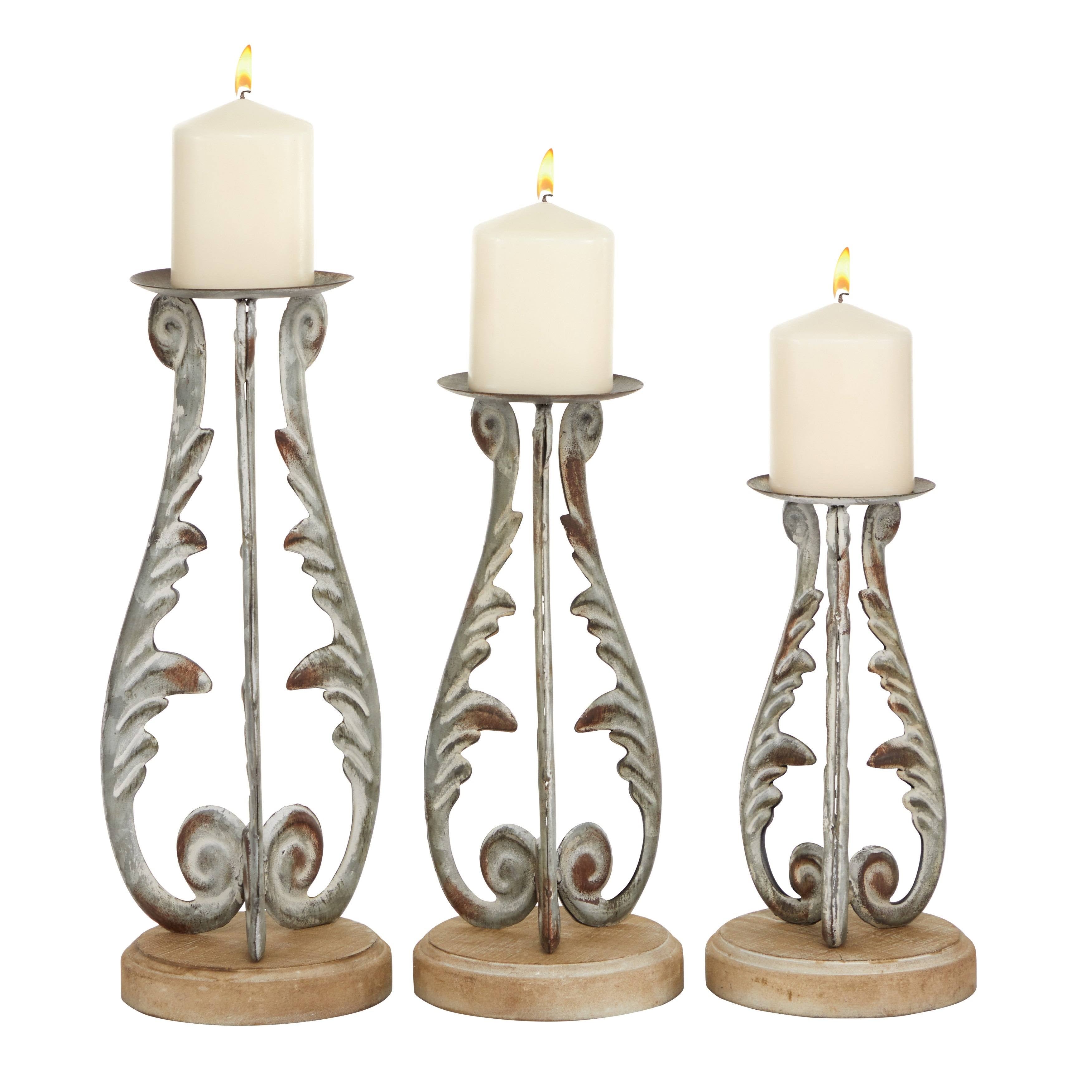 Distressed Silver Metal and Wood Set of 3 Candle Holders A63741