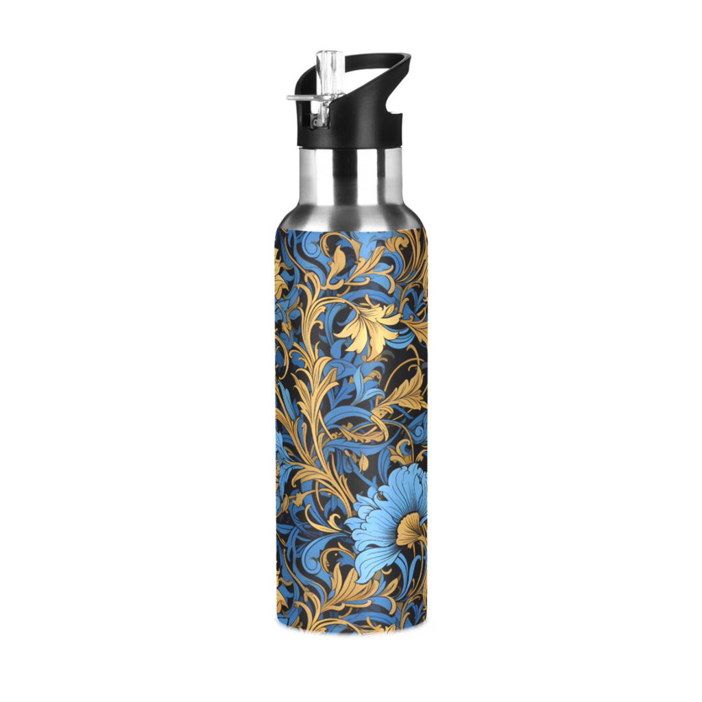 Blue Flowers Stainless Steel Insulated Water Bottle with Straw Lid K11494