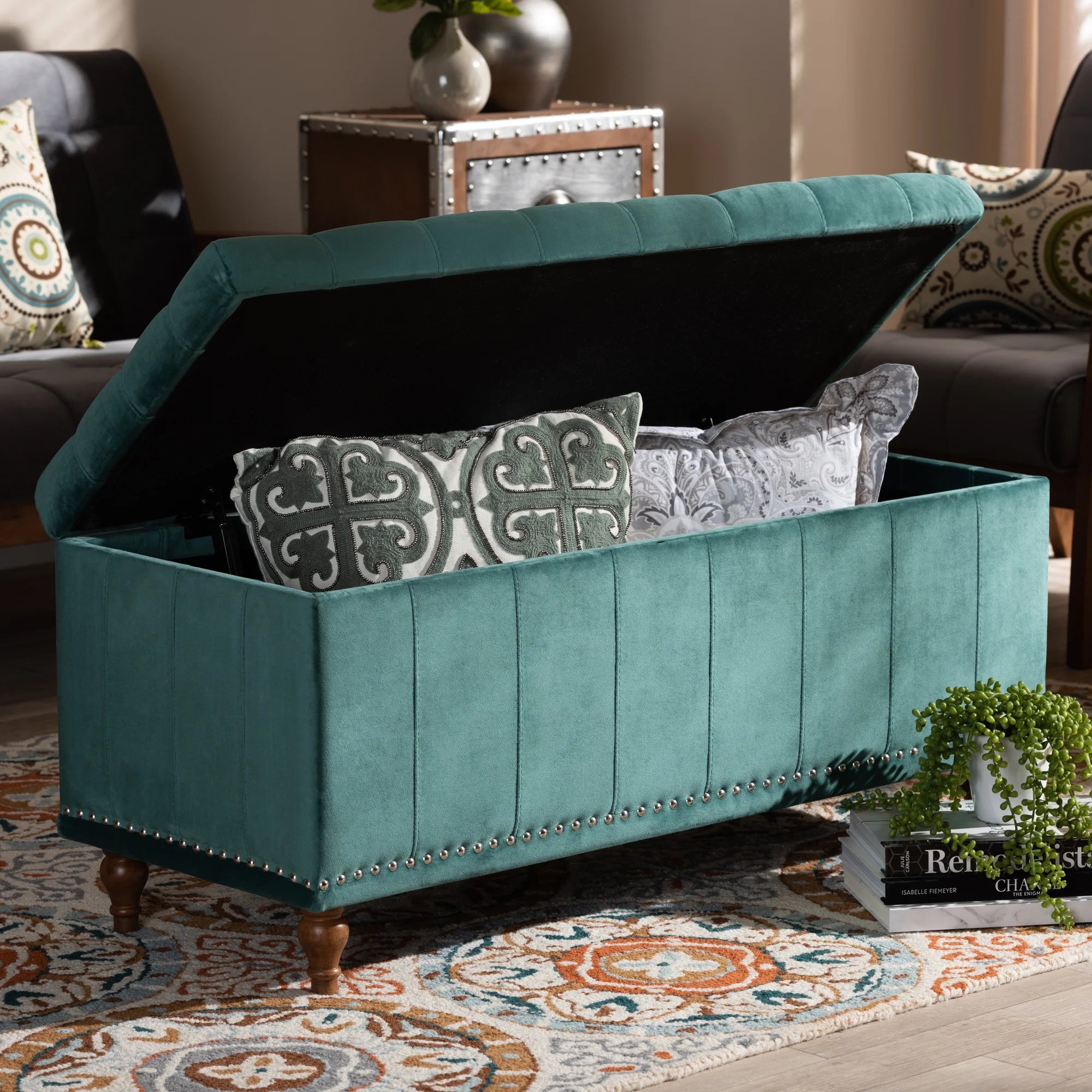 Teal Blue Velvet Button-Tufted Storage Ottoman Bench U5758