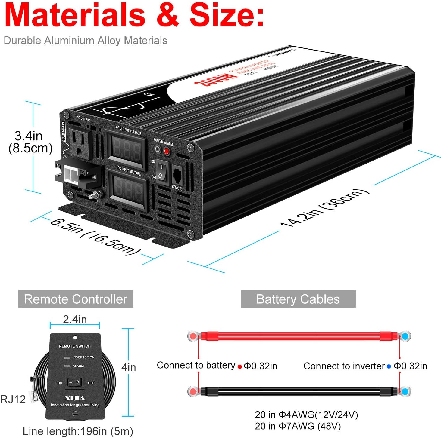 2000W Pure Sine Wave DC to AC Inverter Remote Switch Solar Converter A4346