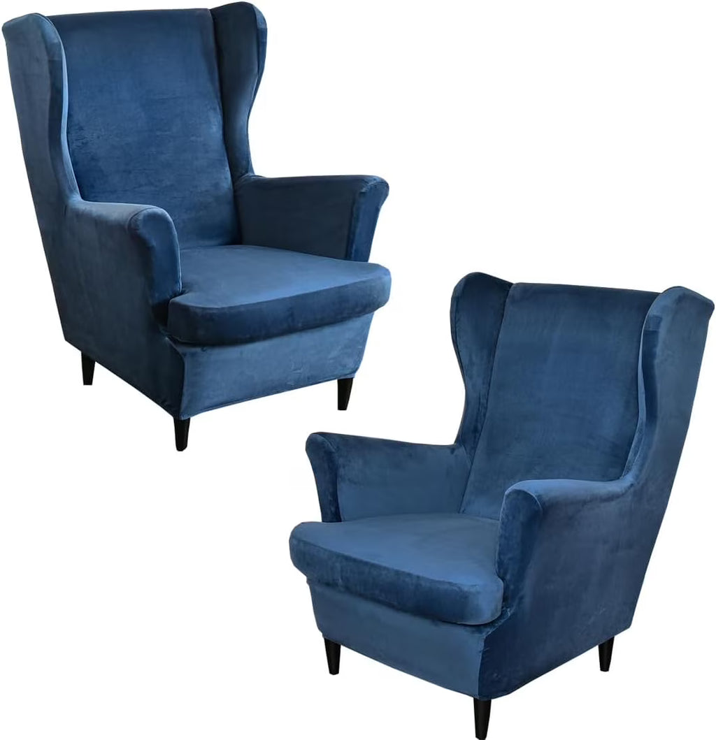 Navy Velvet Stretch Wingback Chair Sofa Slipcover with Elastic Bottom B514763