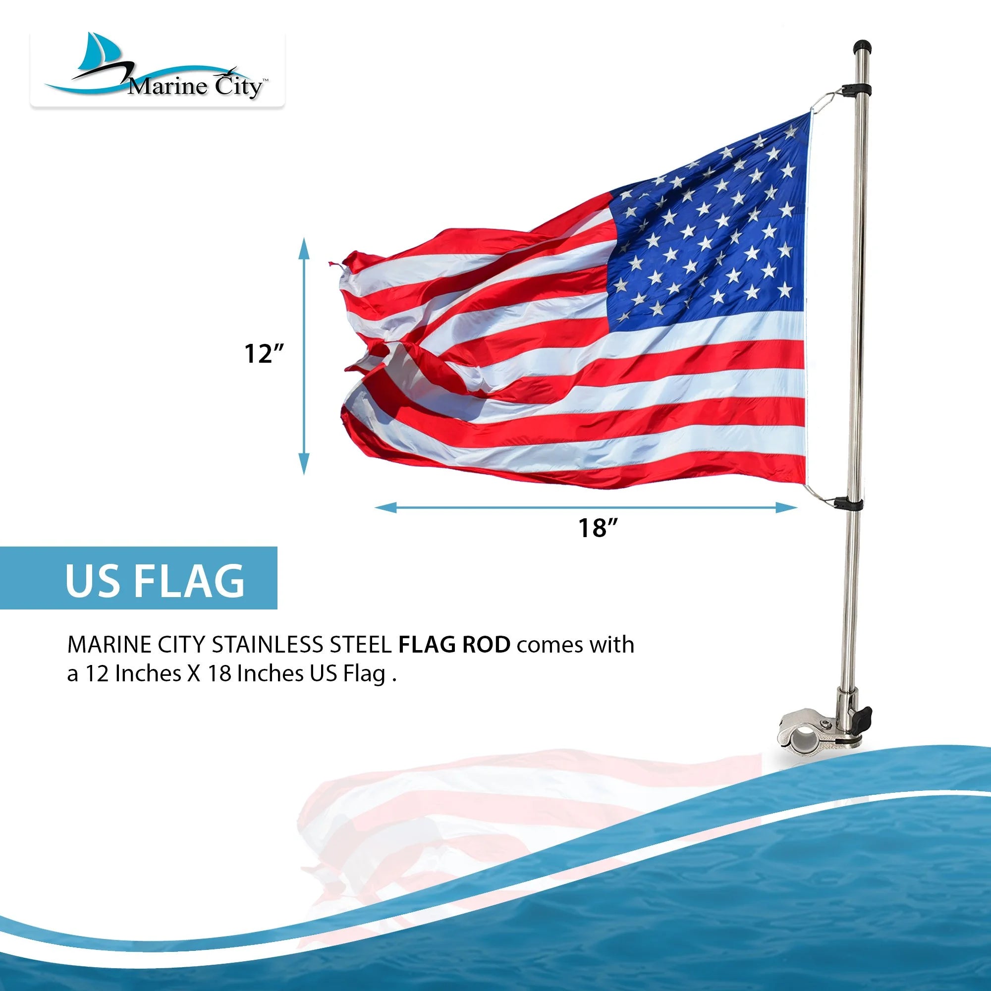 21 inch Stainless Steel Rail Mounted Flag Pole with US Flag for Boat Yacht K910
