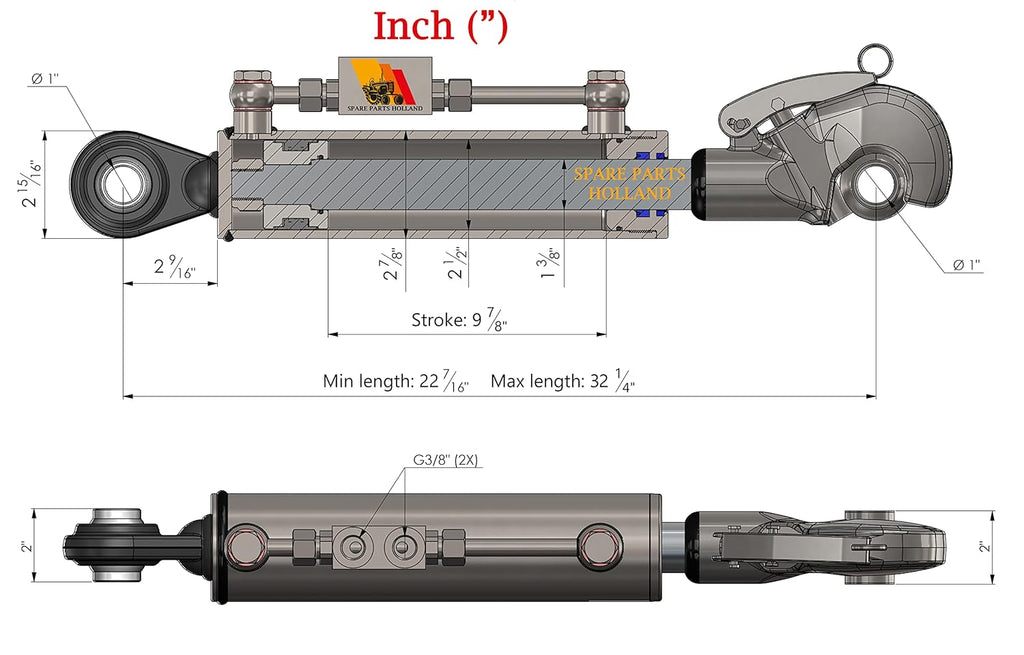 Hydraulic Top Link Cat. 2 Catch Hook 22 7/16 - 32 1/4 Locking Block Stroke 9 7/8 T96984
