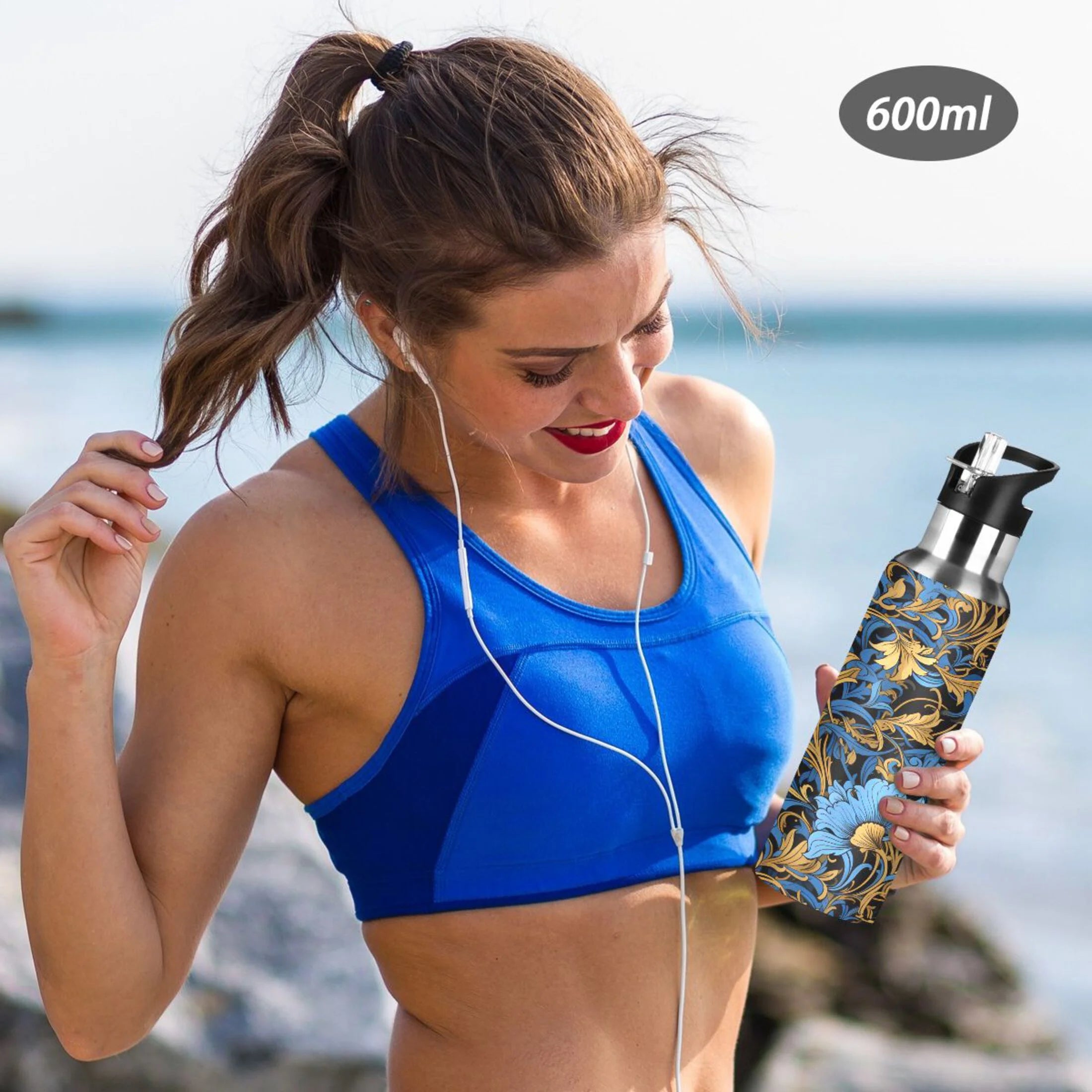 Blue Flowers Stainless Steel Insulated Water Bottle with Straw Lid K11494