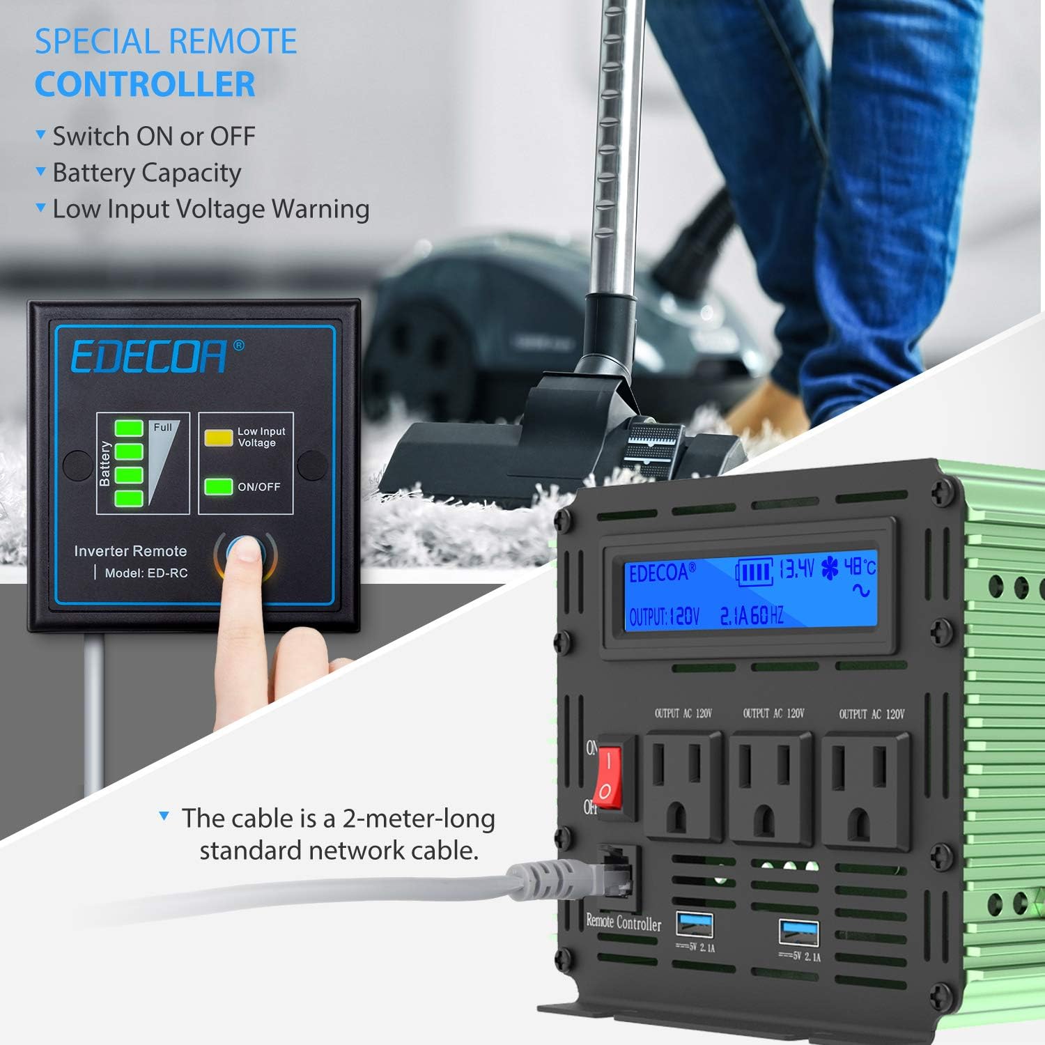 1500W Peak 3000W Pure Sine Wave Power Inverter DC 12V to 110V AC with LCD Display and Remote Controller I31438