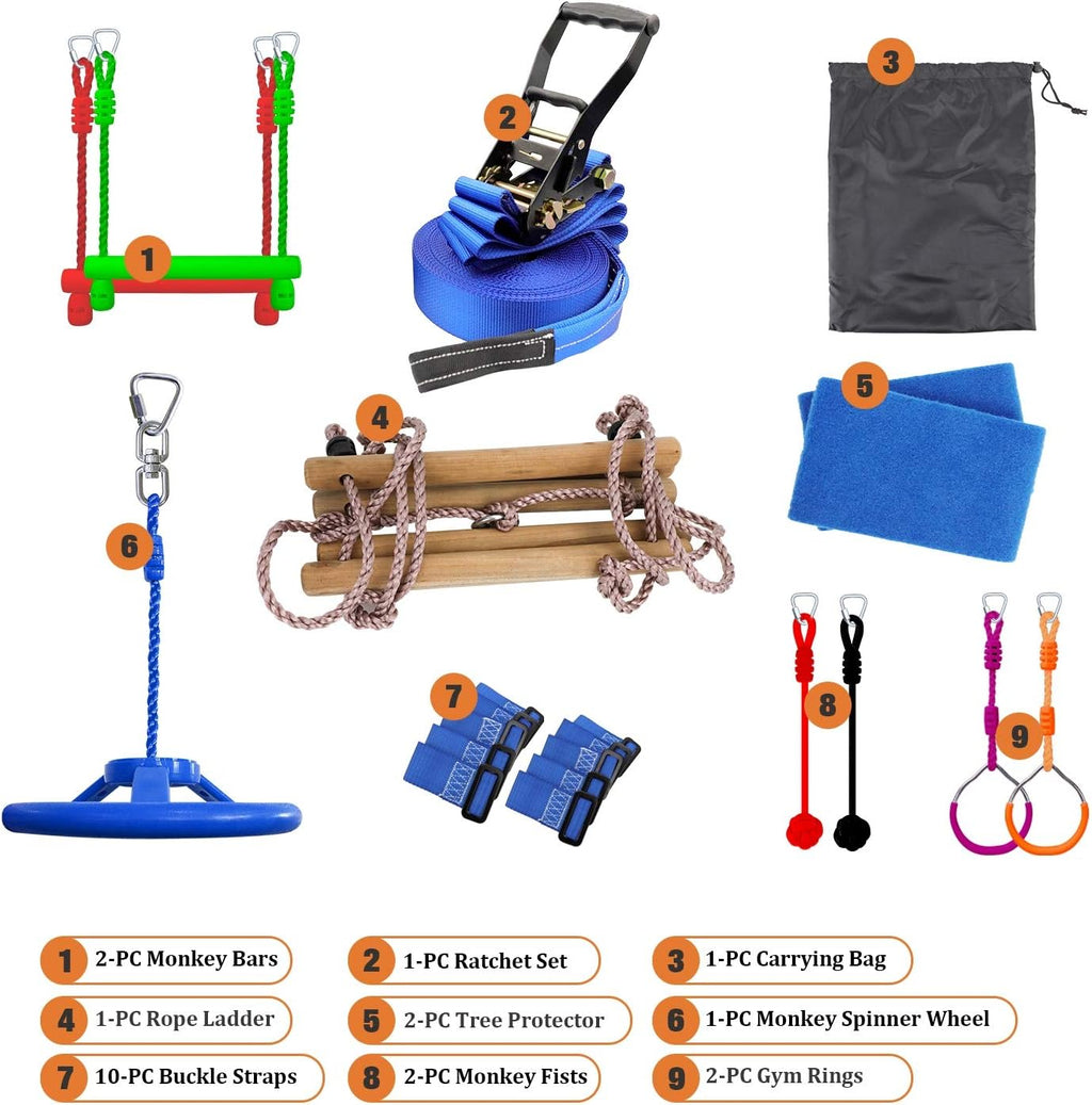 50 Ft Slackline Monkey Bar & Ladder Playset with Carry Bag R376