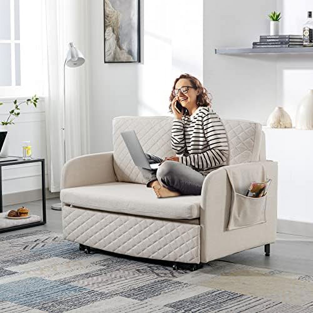 Sleeper Sofa Bed 46-inch Linen Loveseat Couch with Pull-Out Bed N9699