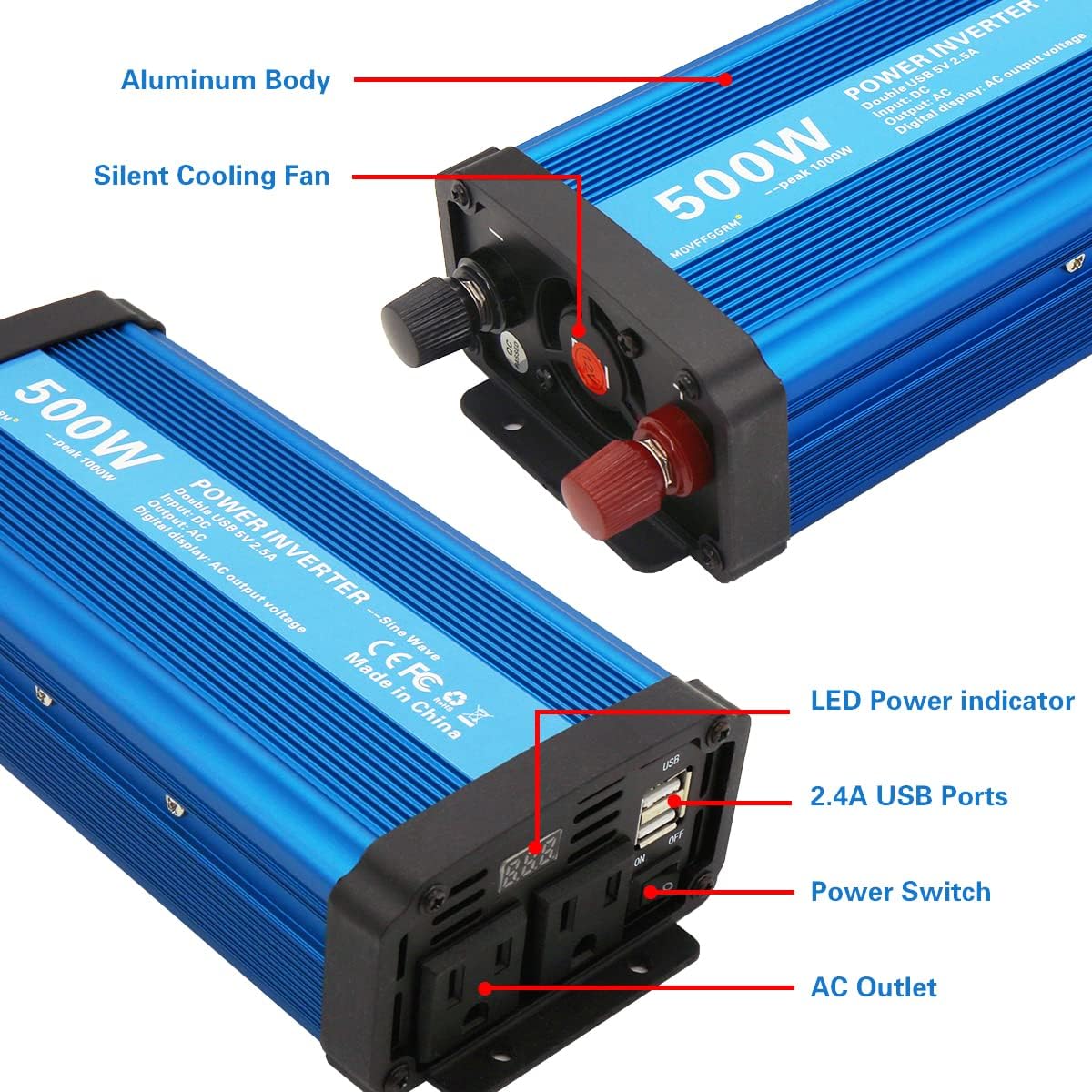 500W Pure Sine Wave Power Inverter DC 12V to 110V AC with 2.4A USB Car Charger Adapter I28296