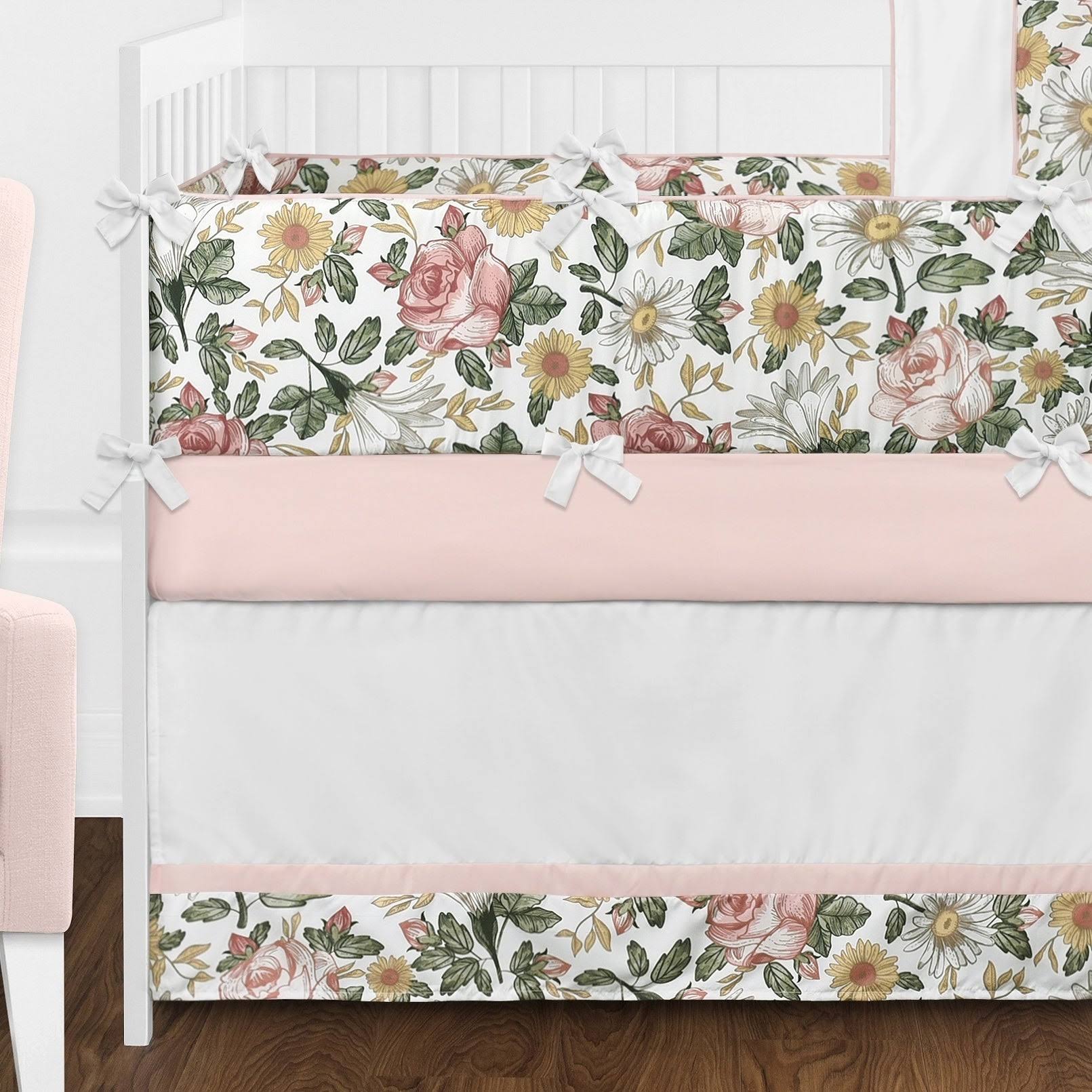 Vintage Floral Boho Baby Girl Nursery Crib Bedding Set with Bumper - 9 Pieces - Blush Pink, Yellow, Green J817