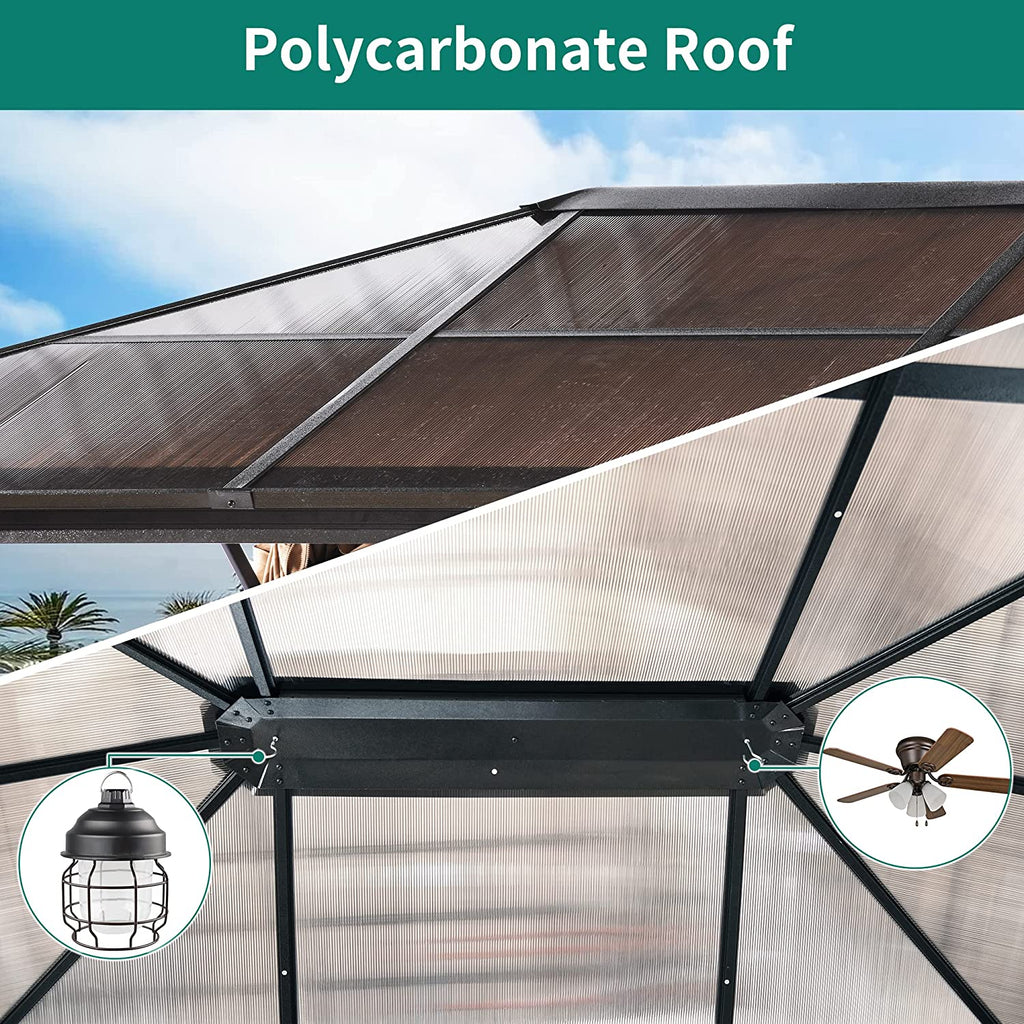 10x12 ft Hardtop Gazebo with Netting and Shaded Curtains, Aluminum Frame Polycarbonate V30078