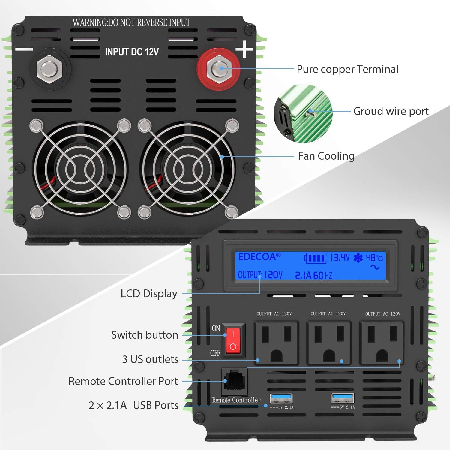1500W Peak 3000W Pure Sine Wave Power Inverter DC 12V to 110V AC with LCD Display and Remote Controller I31438