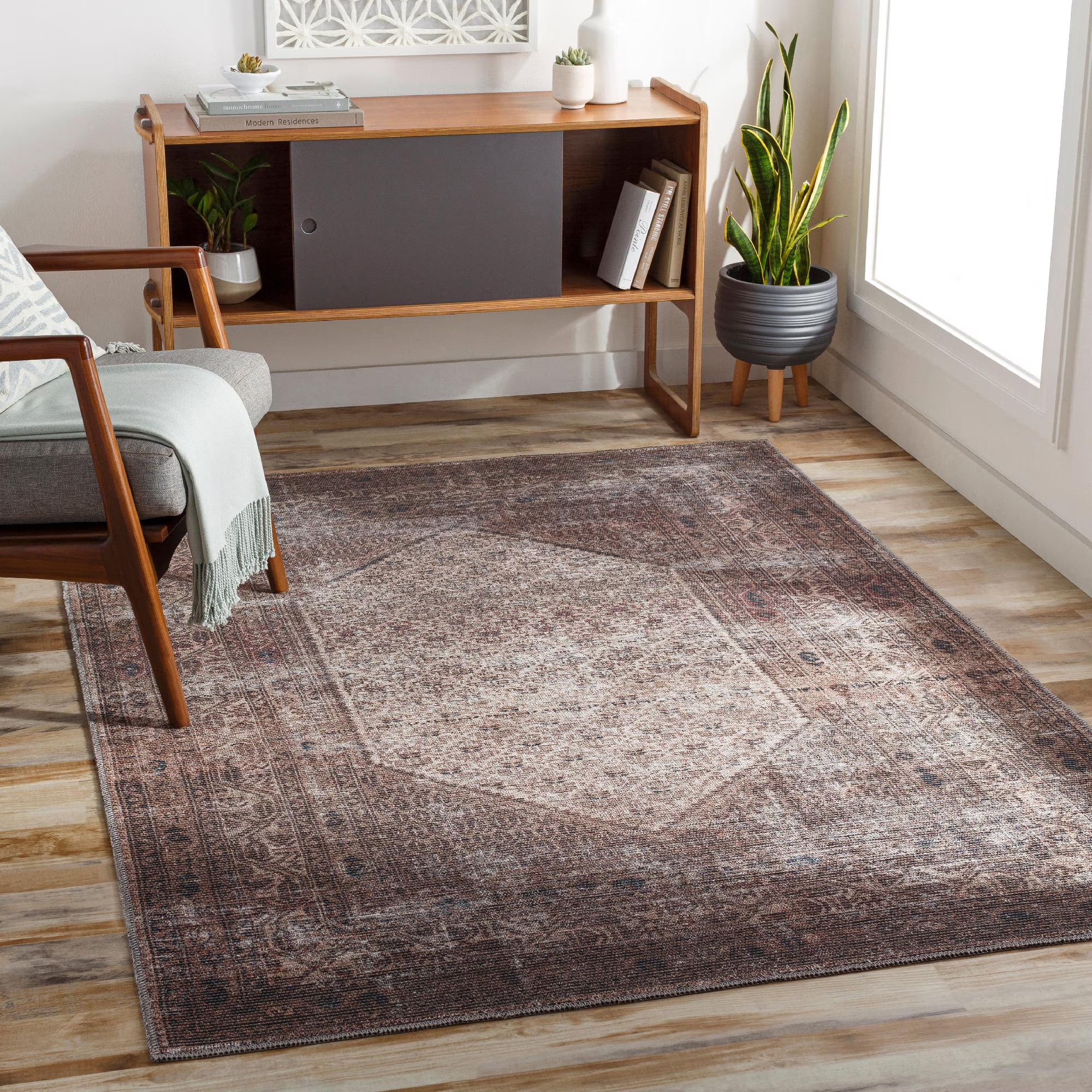 Washable Traditional Dark Red Area Rug (5'3" x 7'3") V75207