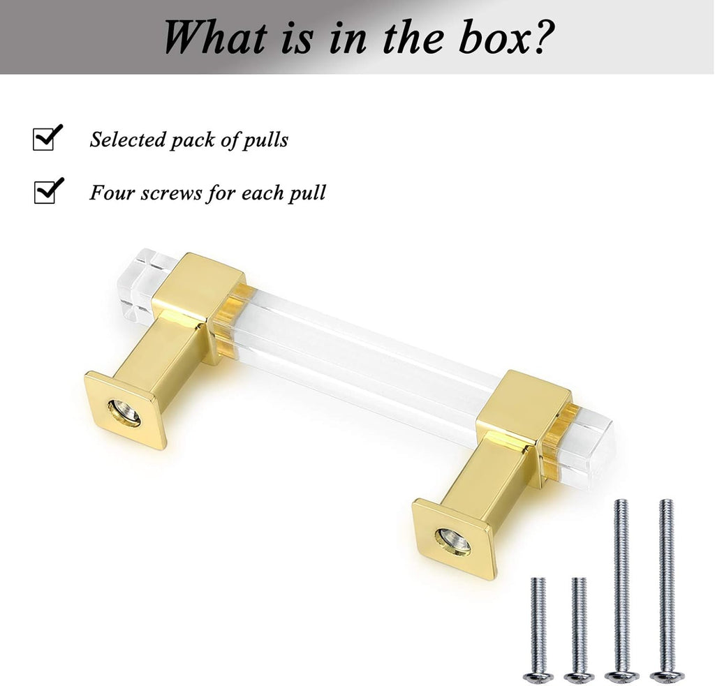 25 Pack 4 Inch Hole Center Gold Cabinet Handles with Square Acrylic Tube and Zinc Alloy Base K1919