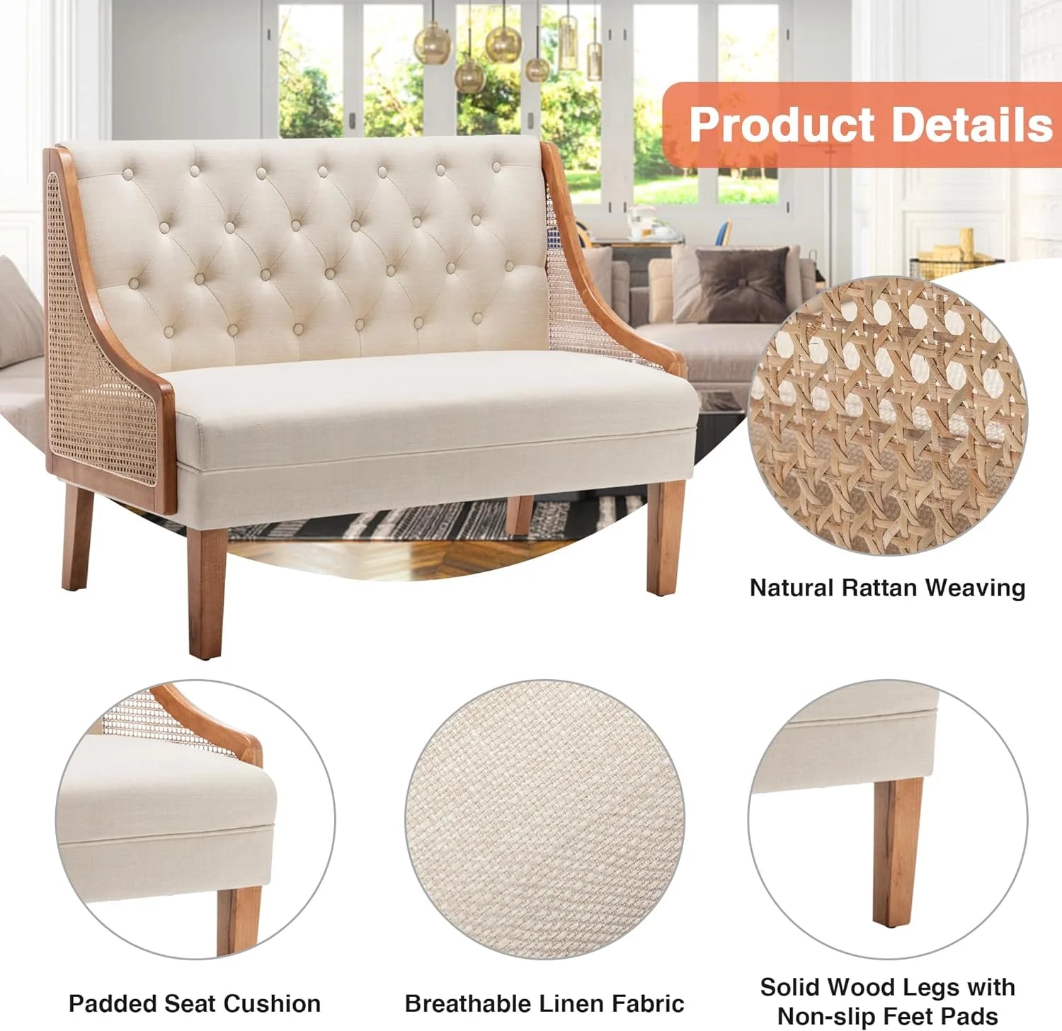 Linen Button Tufted Settee Loveseat Sofa Dining Bench with Back H60344