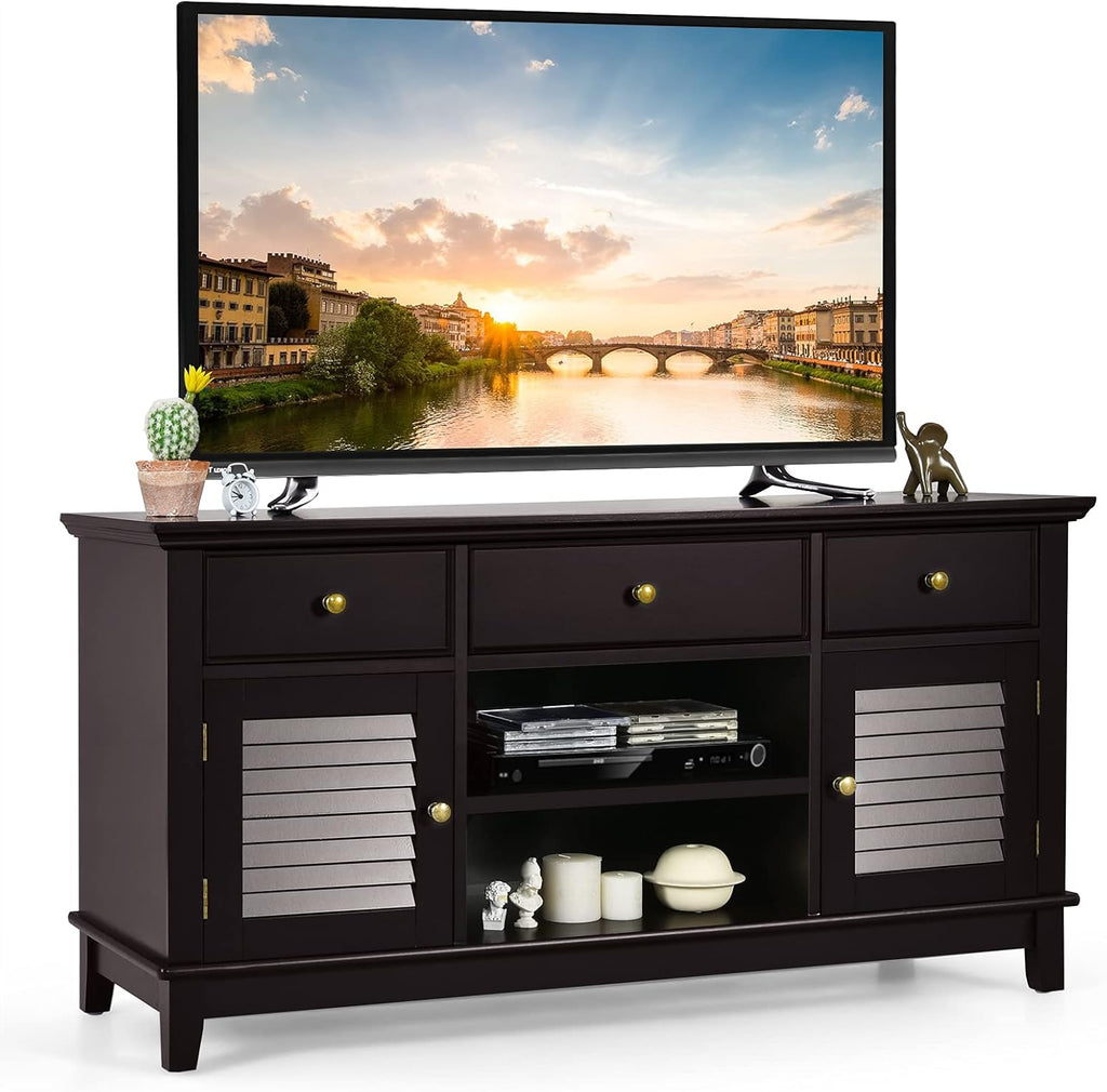 Wood TV Stand with 3 Drawers & 2 Shutter Door Cabinets (Brown) U612