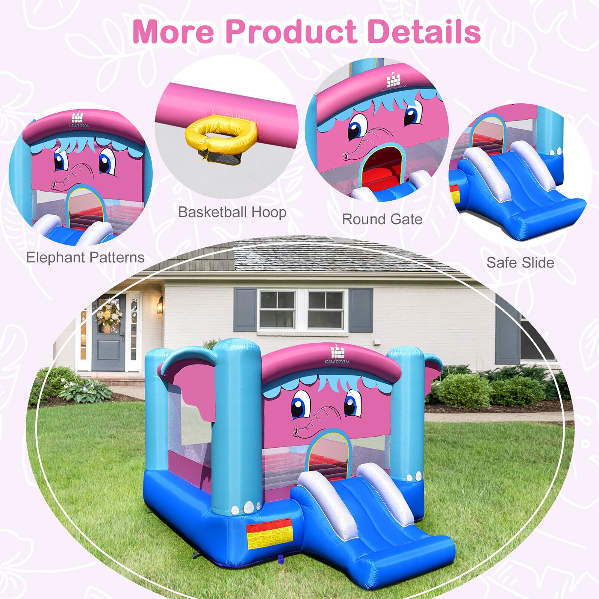 Inflatable Bounce House 3-in-1 Elephant Theme Castle with 550W Blower N3704