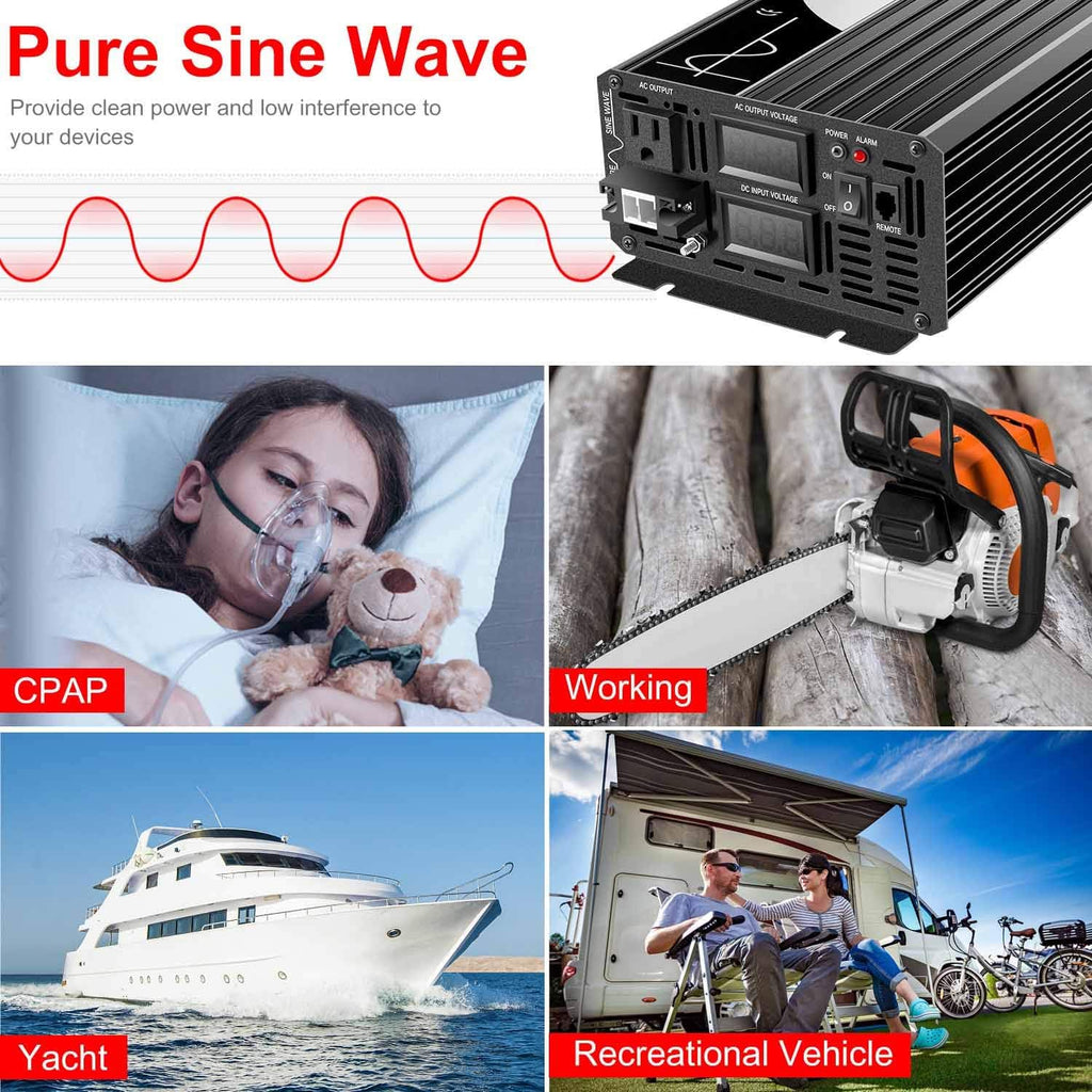 2000W Pure Sine Wave DC to AC Inverter Remote Switch Solar Converter A4346