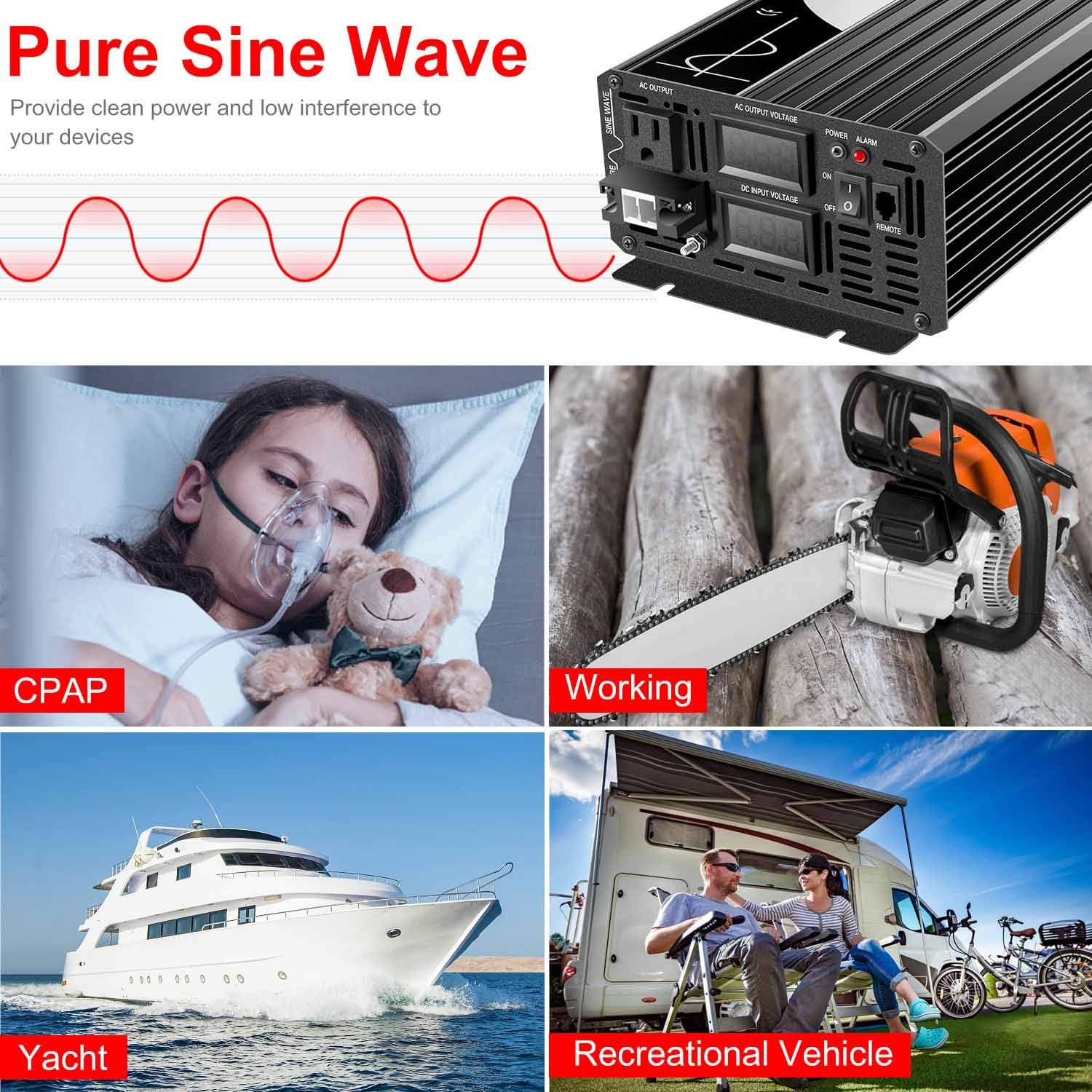 2000W Pure Sine Wave DC to AC Inverter Remote Switch Solar Converter A4346