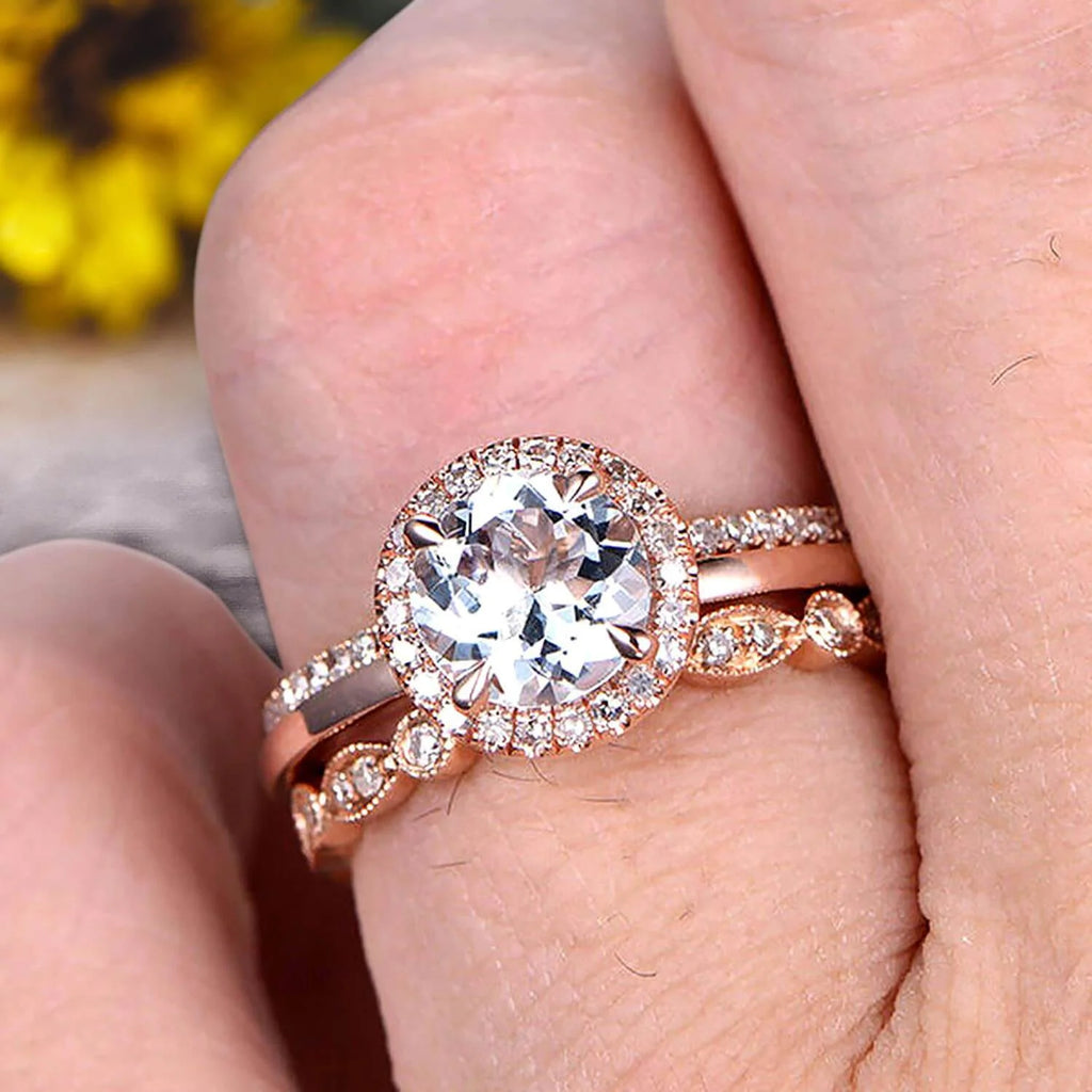 10k Rose Gold 2.25 Carat 6mm Round Cut Aquamarine Engagement Rings With Two Matching Wedding Band E999765