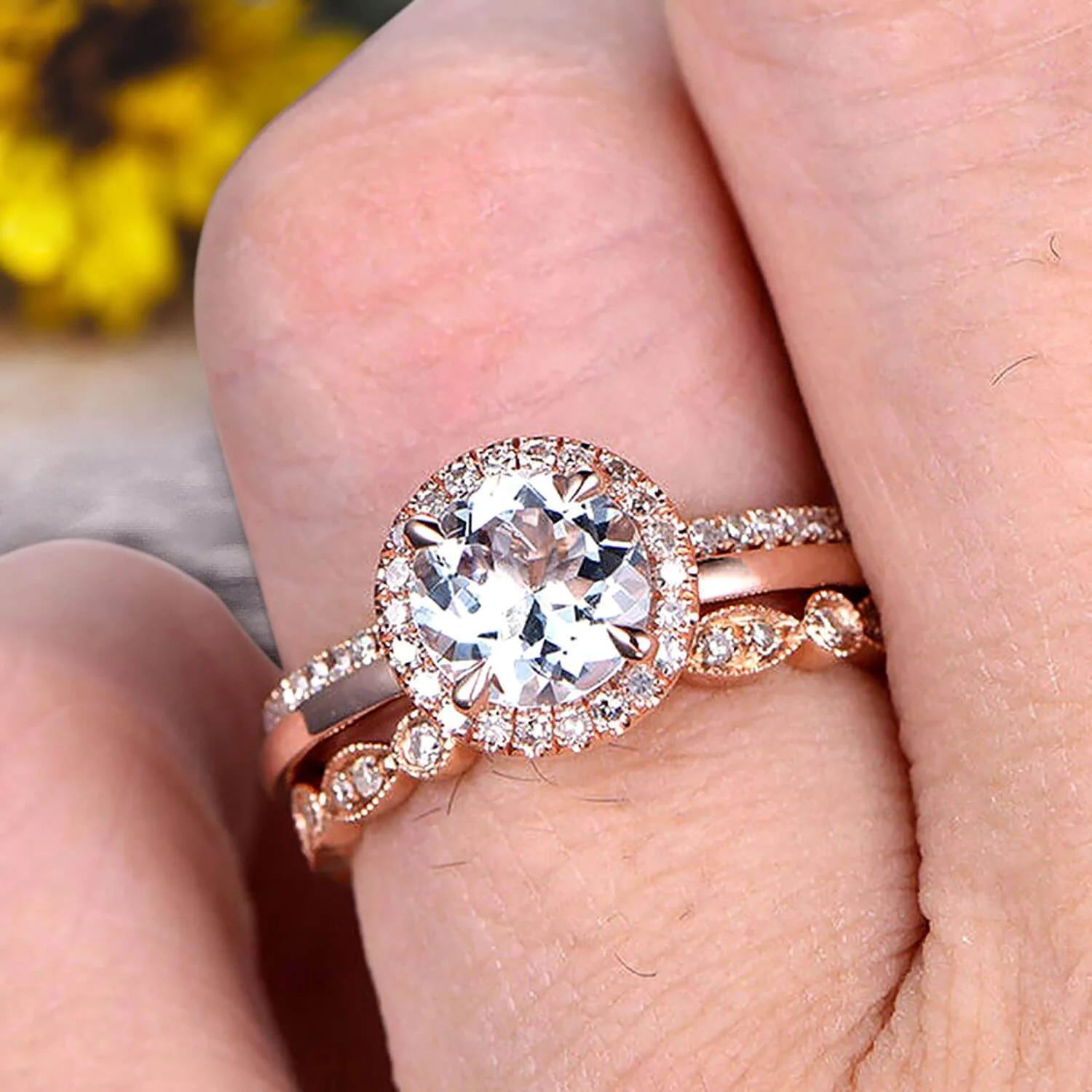 10k Rose Gold 2.25 Carat 6mm Round Cut Aquamarine Engagement Rings With Two Matching Wedding Band E999765