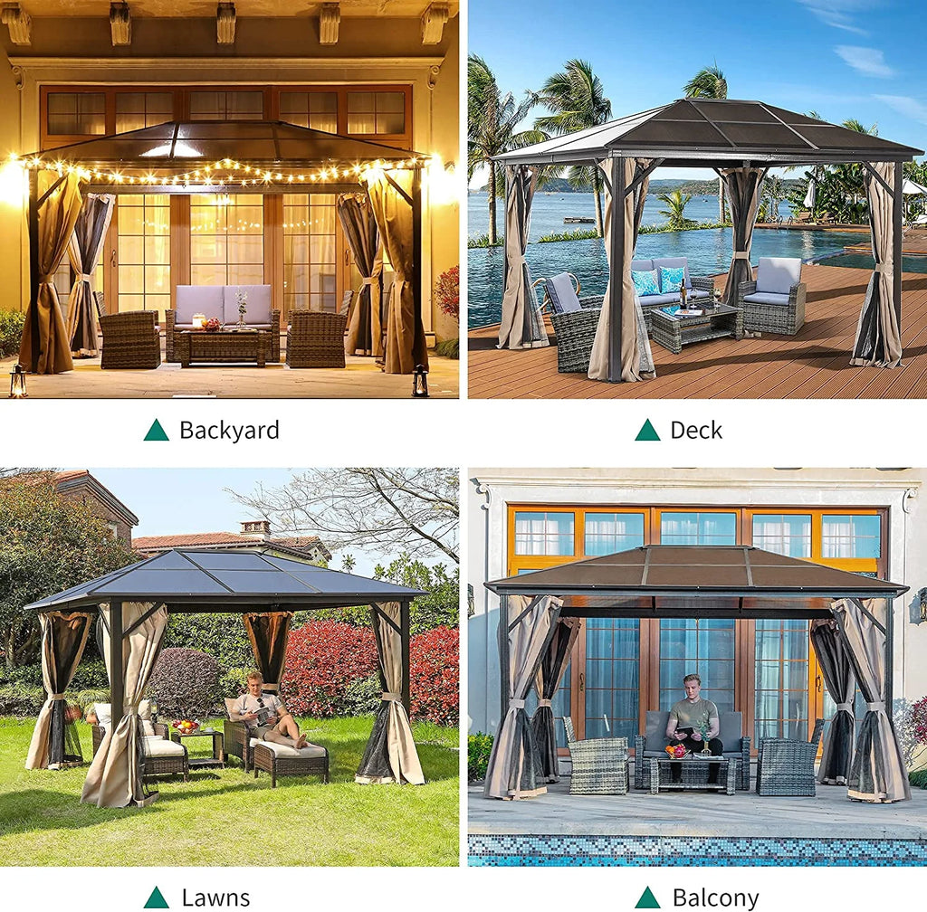 10x12 ft Hardtop Gazebo with Netting and Shaded Curtains, Aluminum Frame Polycarbonate V30078