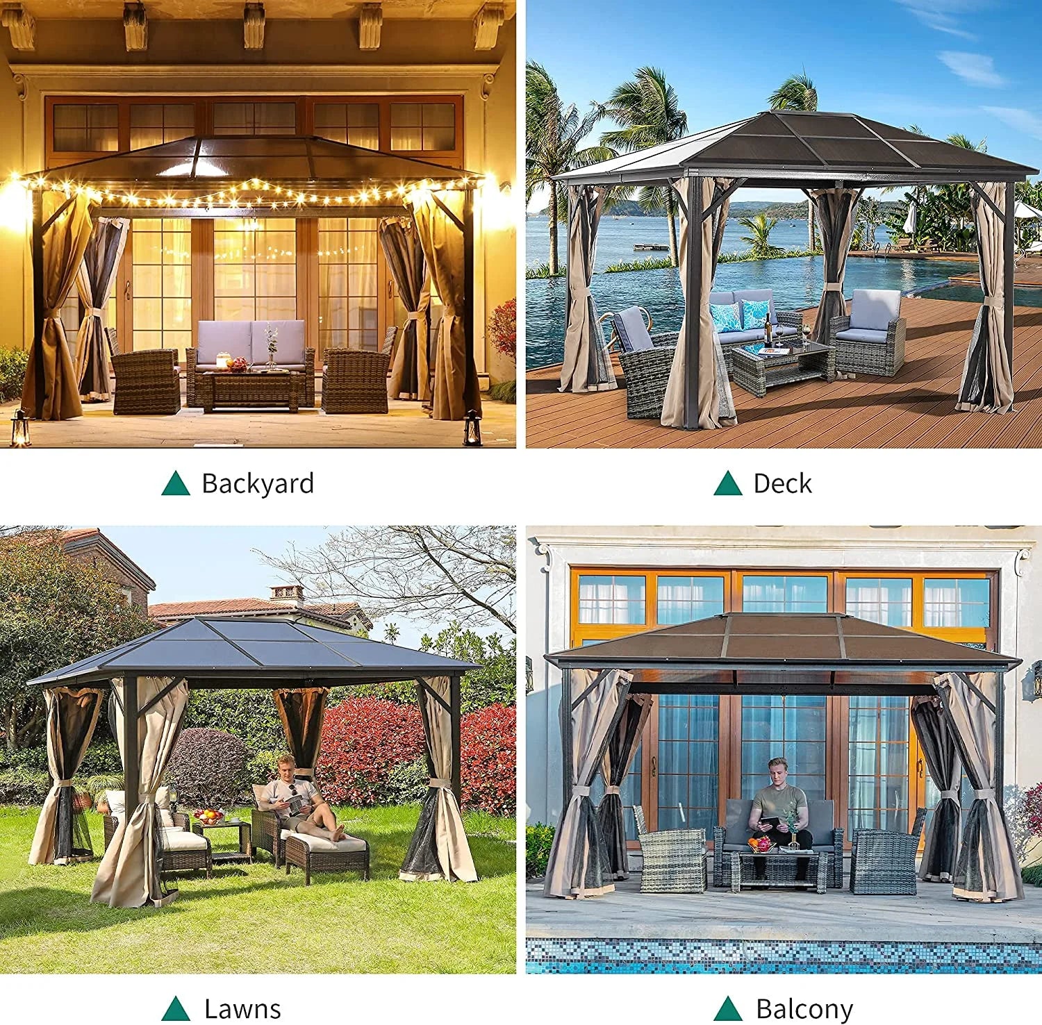 10x12 ft Hardtop Gazebo with Netting and Shaded Curtains, Aluminum Frame Polycarbonate V30078