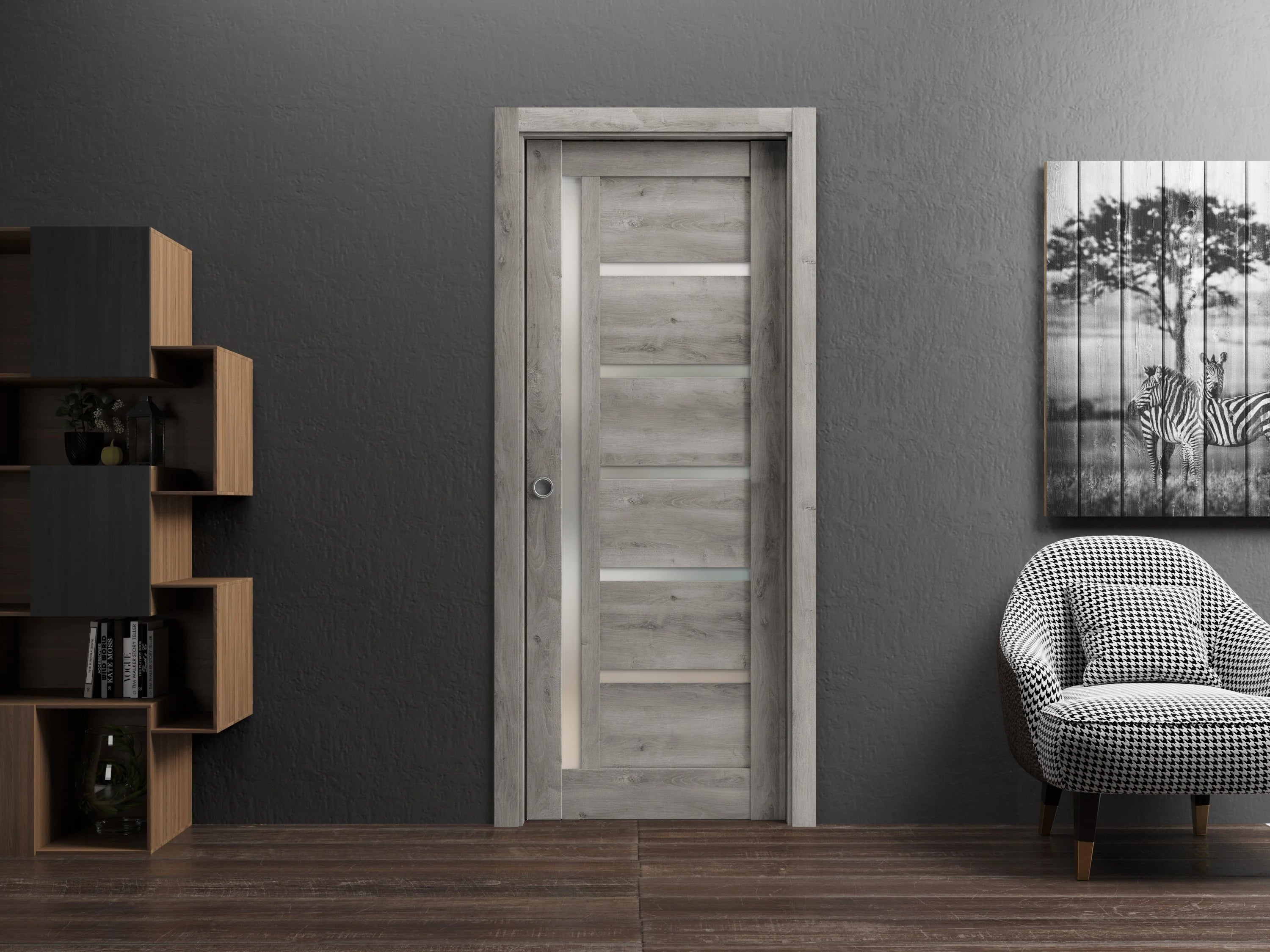 Sliding French Pocket Door 30 x 96 inches Frosted Glass Solid Wood Interior Door P35236