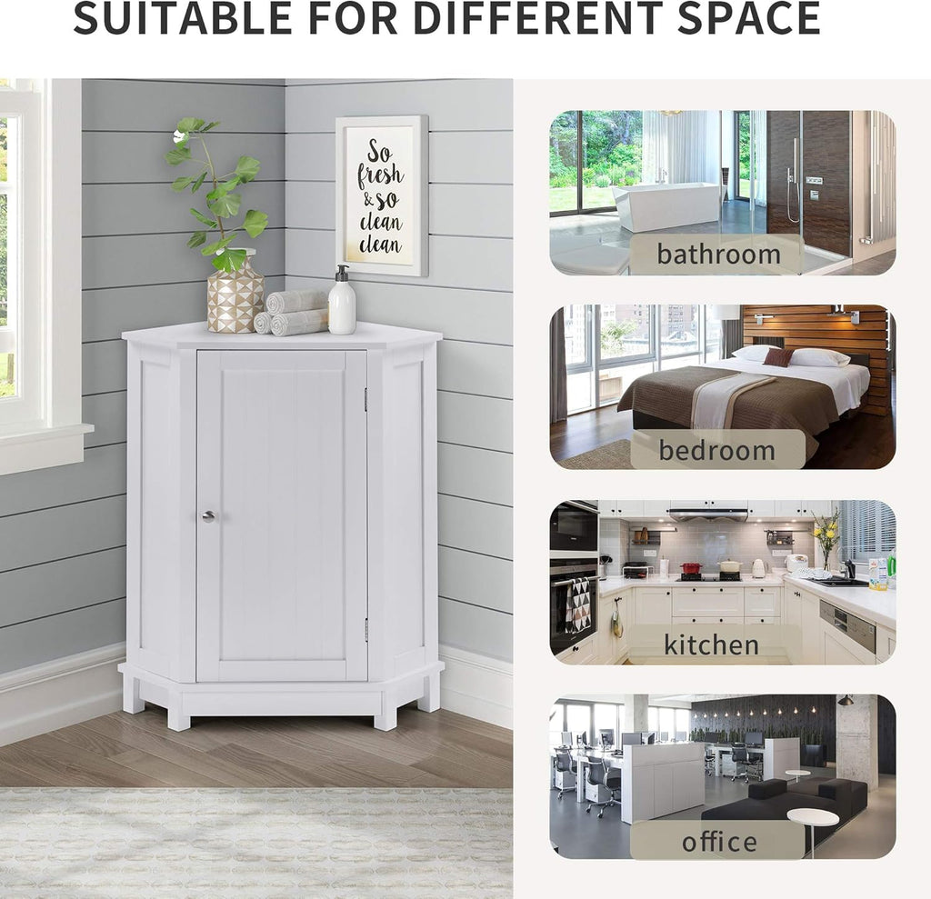 White Corner Cabinet Bathroom Floor Storage with Adjustable Shelves W308