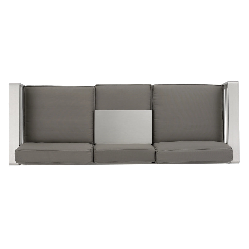 6 Seater Aluminum Sofa and Ottoman Set with Side Tables, Silver and Khaki V145068