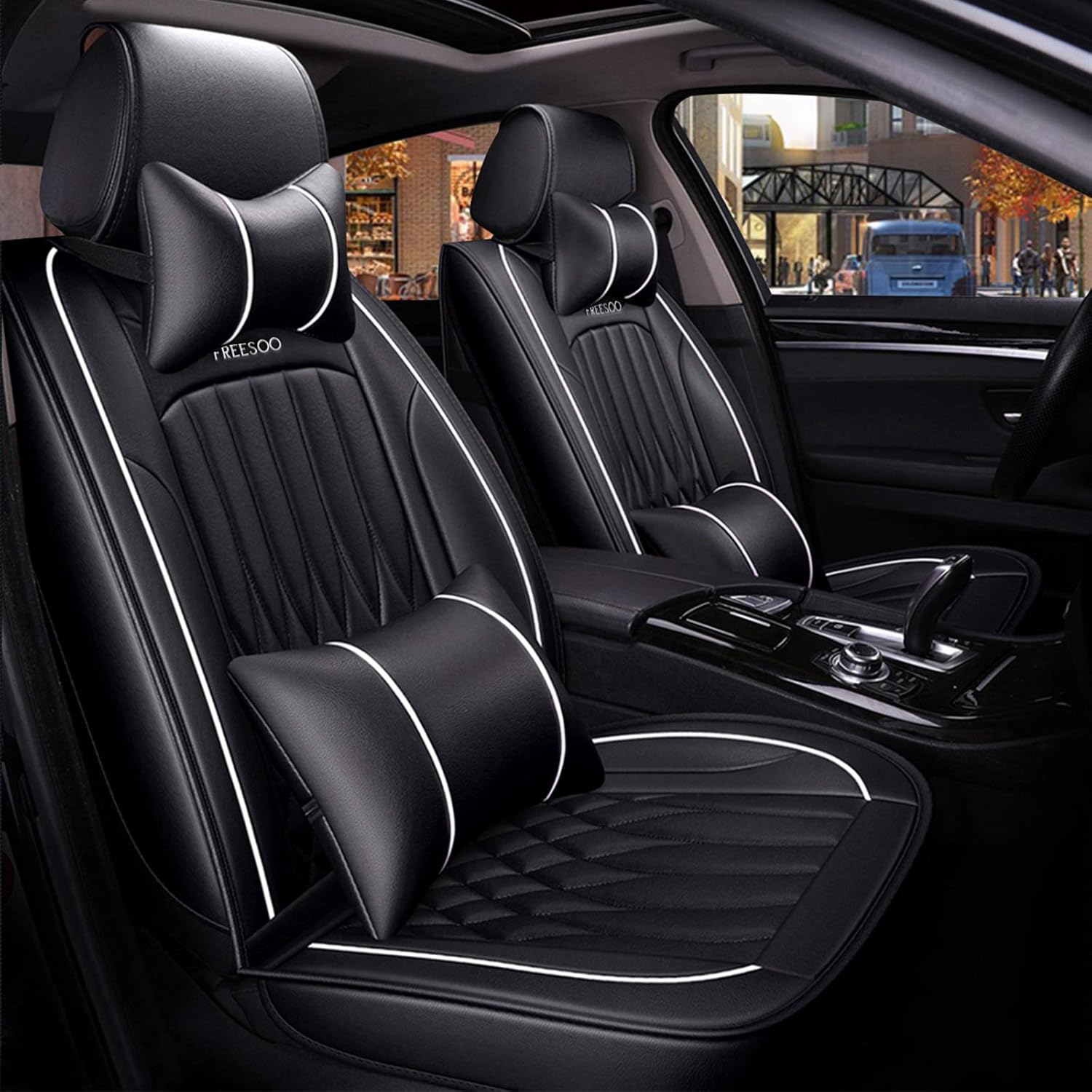 Black White Waterproof Leather Car Seat Cover Full Set for 5 Seats U442