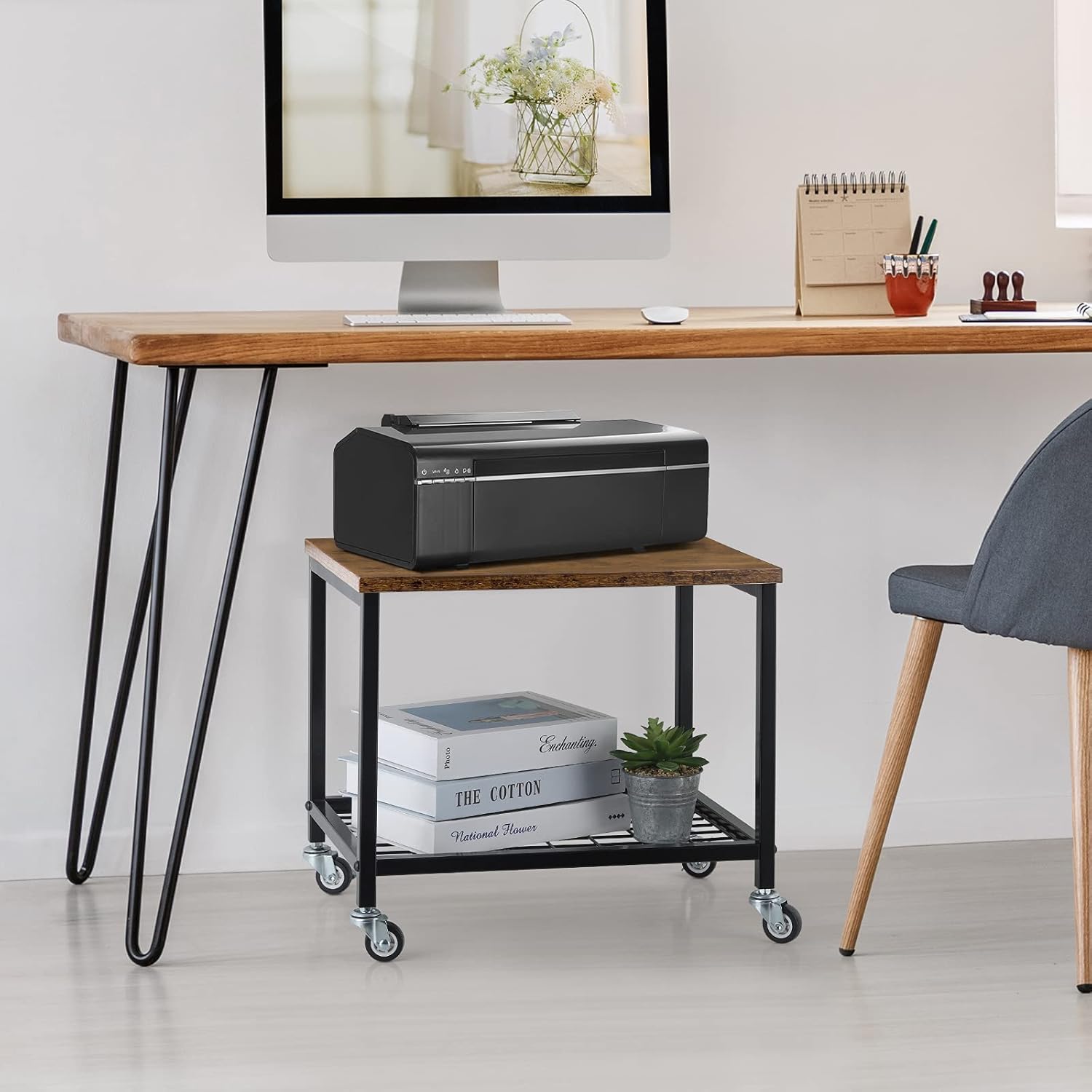 Rustic Brown and Black 2 Tier Printer Cart with Wheels R1287