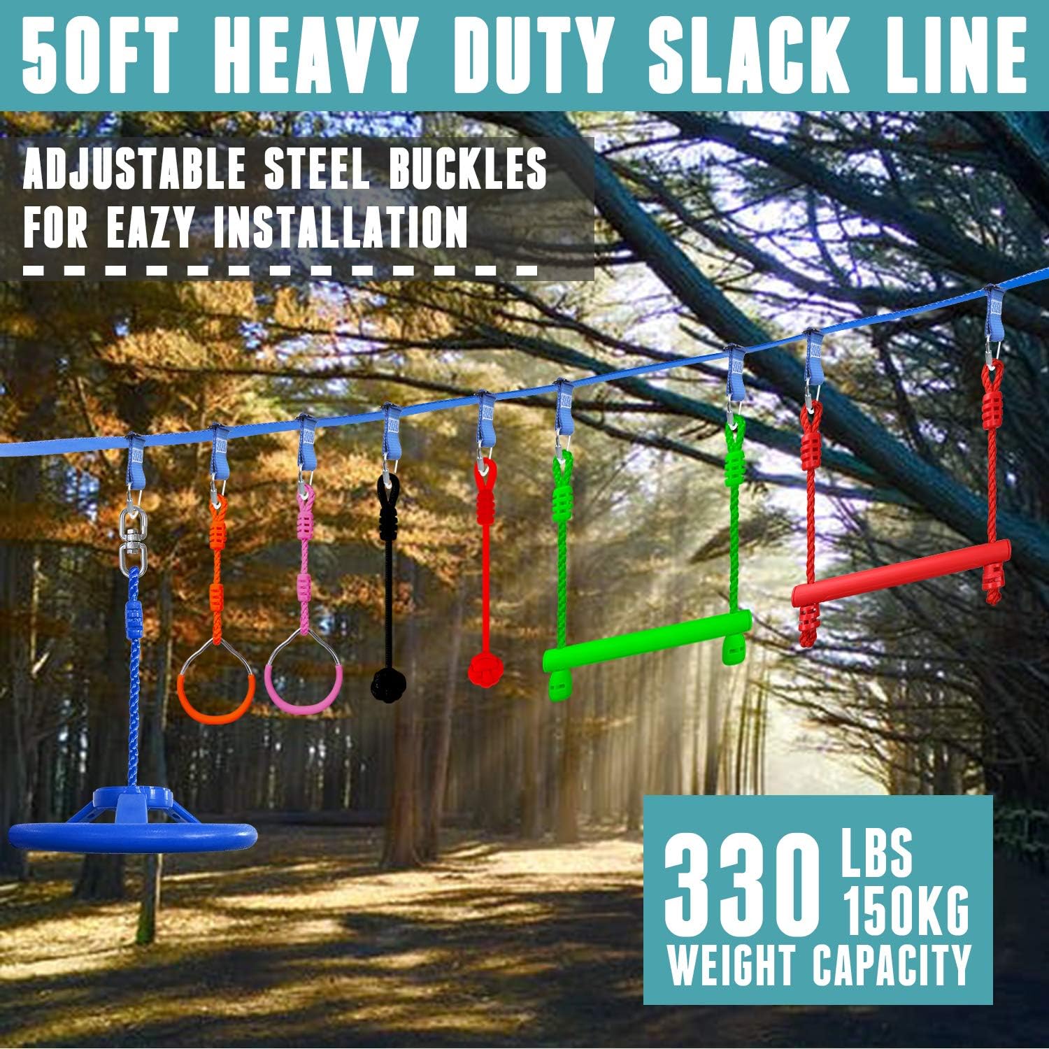 50 Ft Slackline Monkey Bar & Ladder Playset with Carry Bag R376