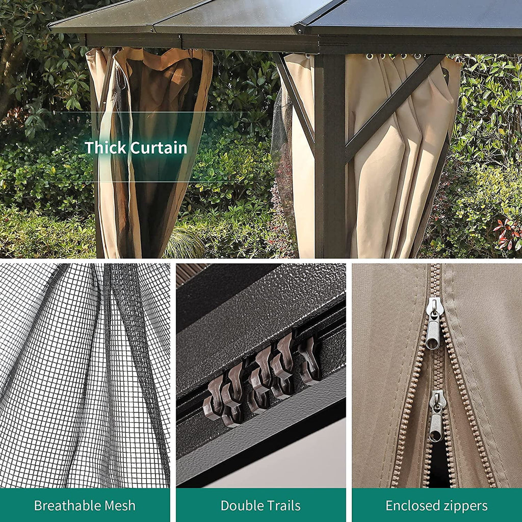 10x12 ft Hardtop Gazebo with Netting and Shaded Curtains, Aluminum Frame Polycarbonate V30078