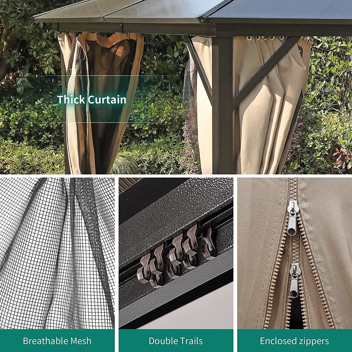 10x12 ft Hardtop Gazebo with Netting and Shaded Curtains, Aluminum Frame Polycarbonate V30078