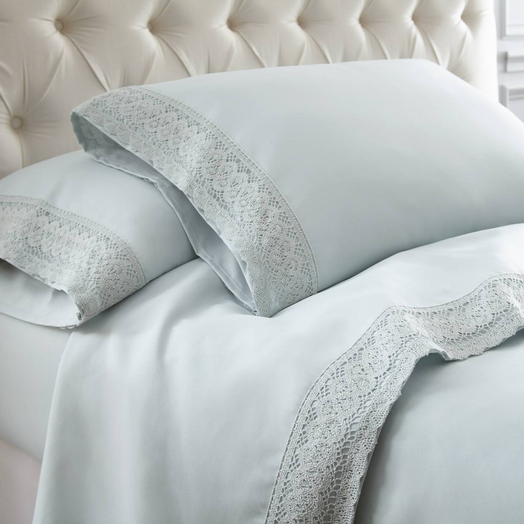 California King Size 4 Piece Sheet Set with Crochet Lace Blue I9927