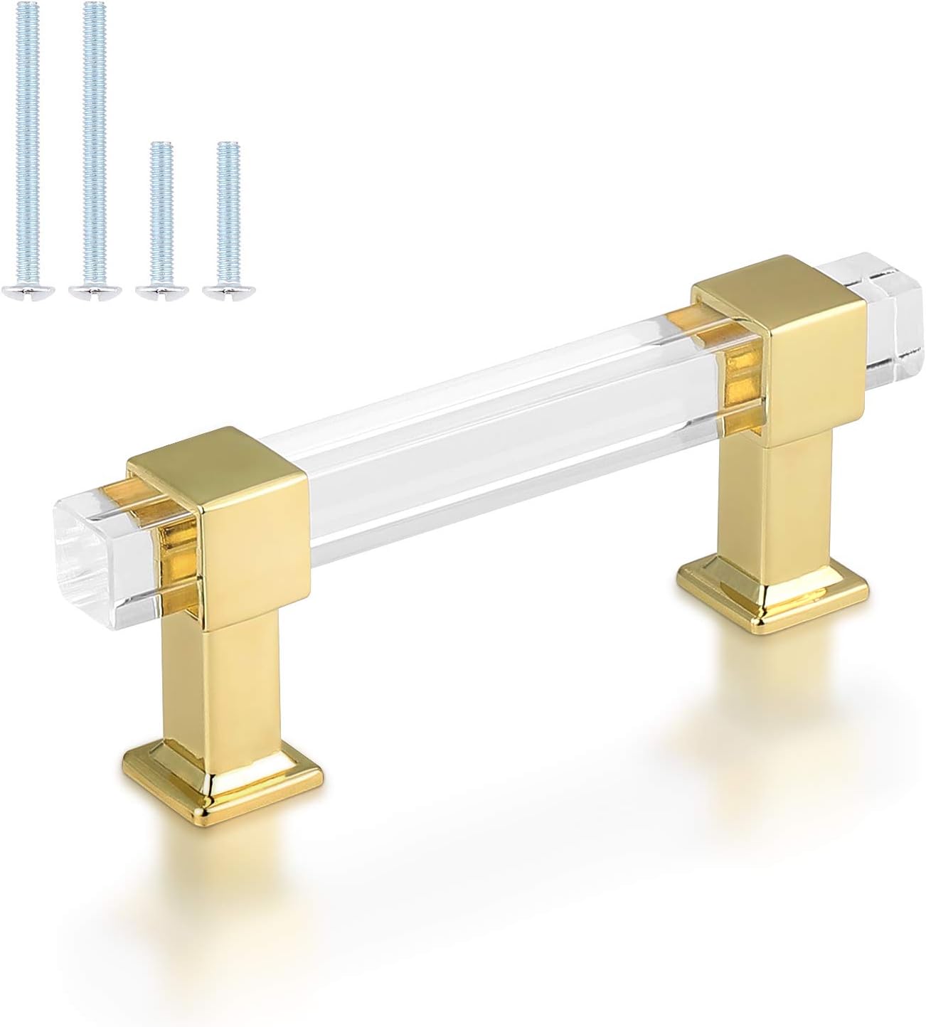 25 Pack 4 Inch Hole Center Gold Cabinet Handles with Square Acrylic Tube and Zinc Alloy Base K1919