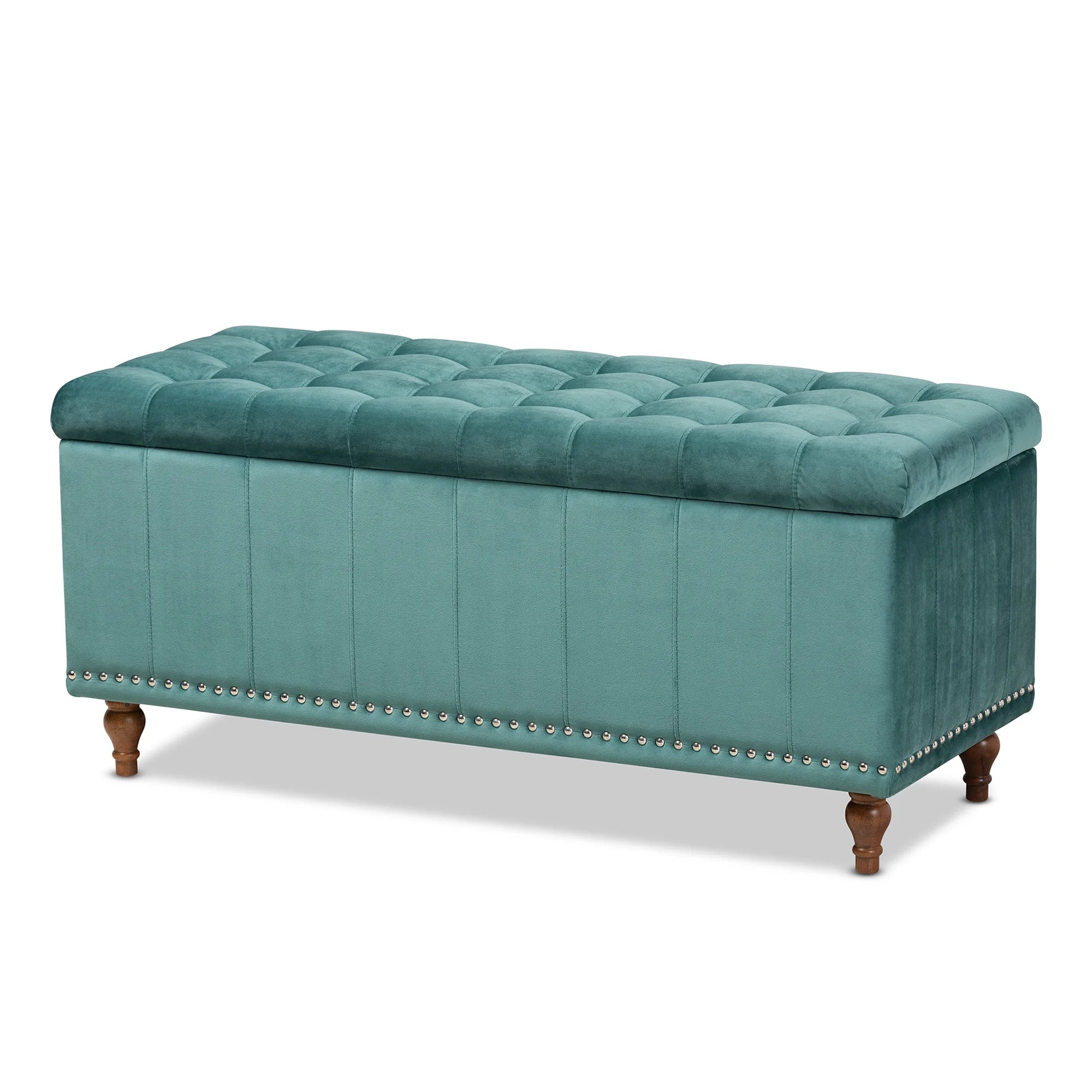 Teal Blue Velvet Button-Tufted Storage Ottoman Bench U5758