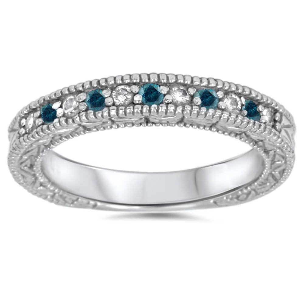 1/4ct Blue & White Diamond Vintage Wedding Ring 14K White Gold I647018