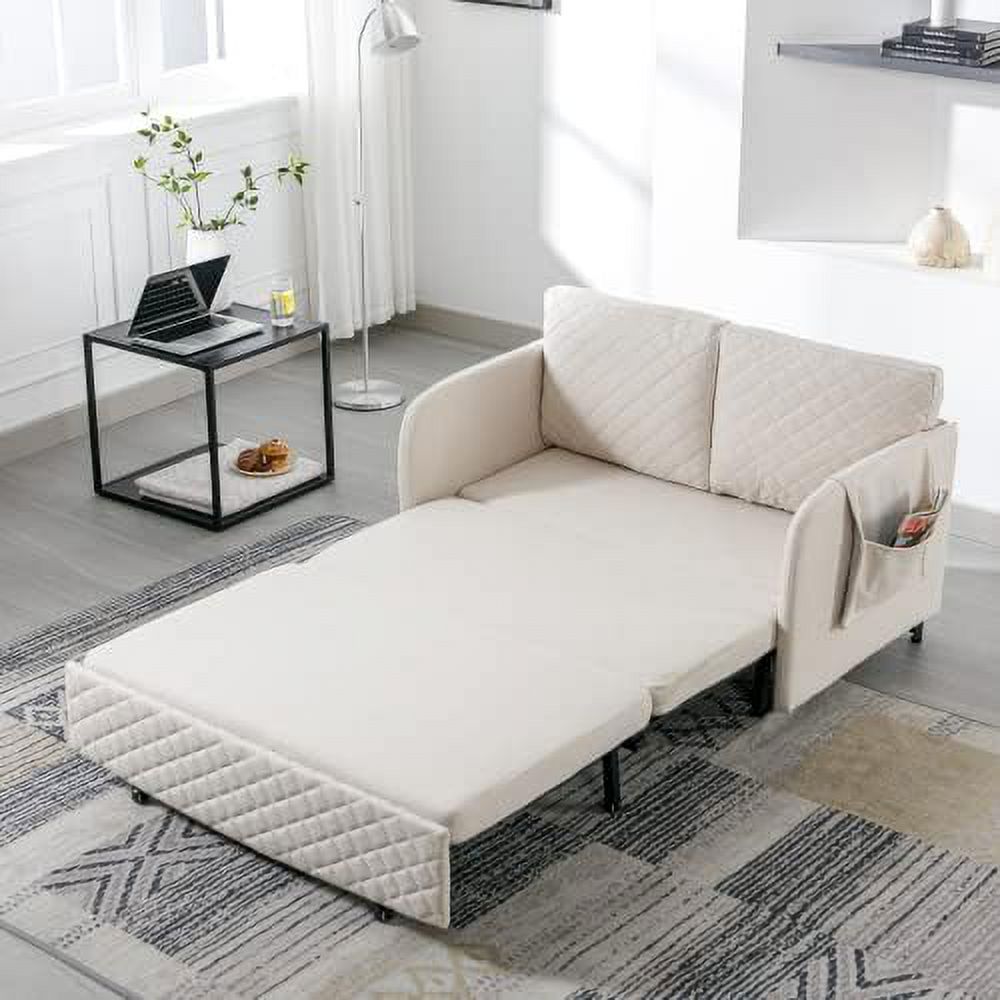 Sleeper Sofa Bed 46-inch Linen Loveseat Couch with Pull-Out Bed N9699