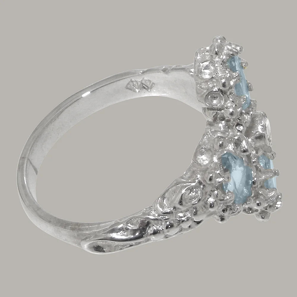 Sterling Silver Diamond & Aquamarine Ring A365
