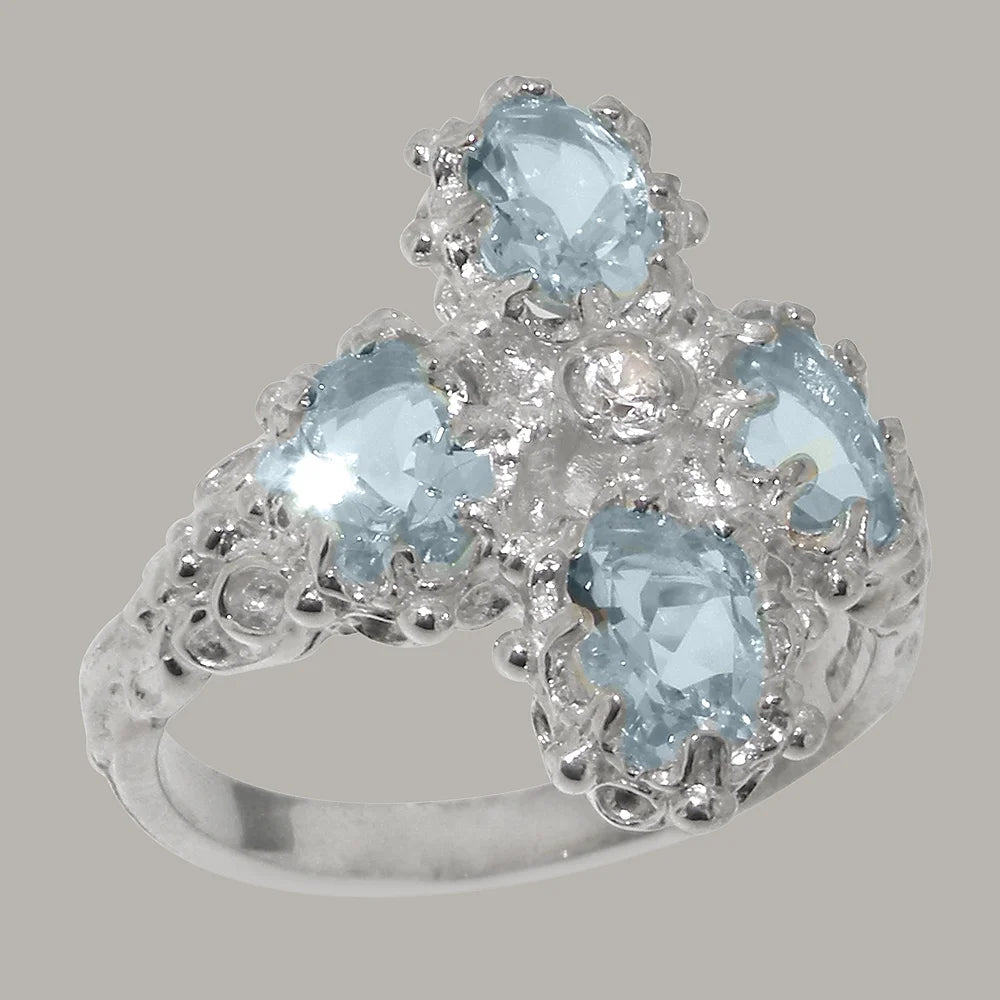 Sterling Silver Diamond & Aquamarine Ring A365
