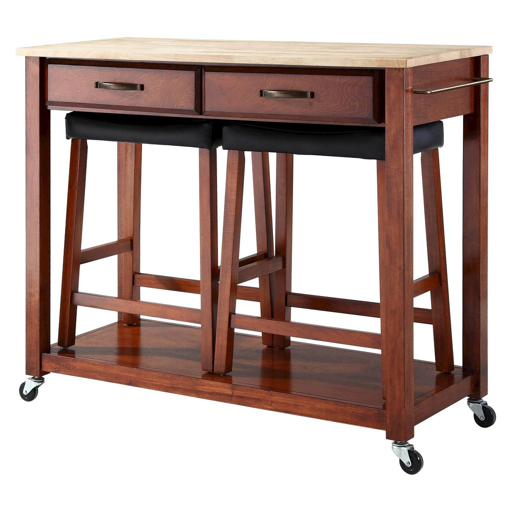Natural Wood Top Kitchen Cart with 24x22 Saddle Stools S87008