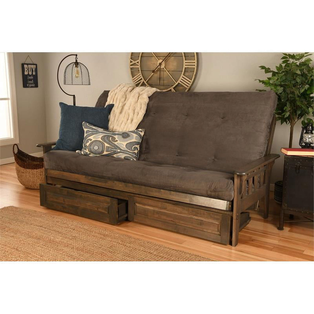 Queen Futon with Suede Fabric Mattress in Gray and Walnut P879