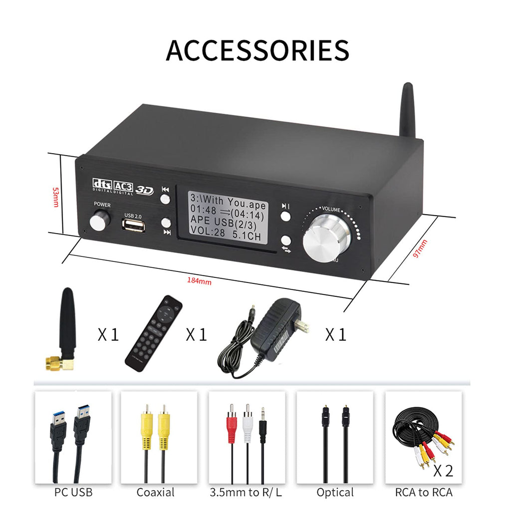 5.1 Decoder Separator for DTS AC3 Digital Analog Audio Video System with BT-5.0 Receiver HDMI 4K 3D Coaxial Optical Fiber AUX U Disk PC-USB Input 192Khz 24Bit P2471