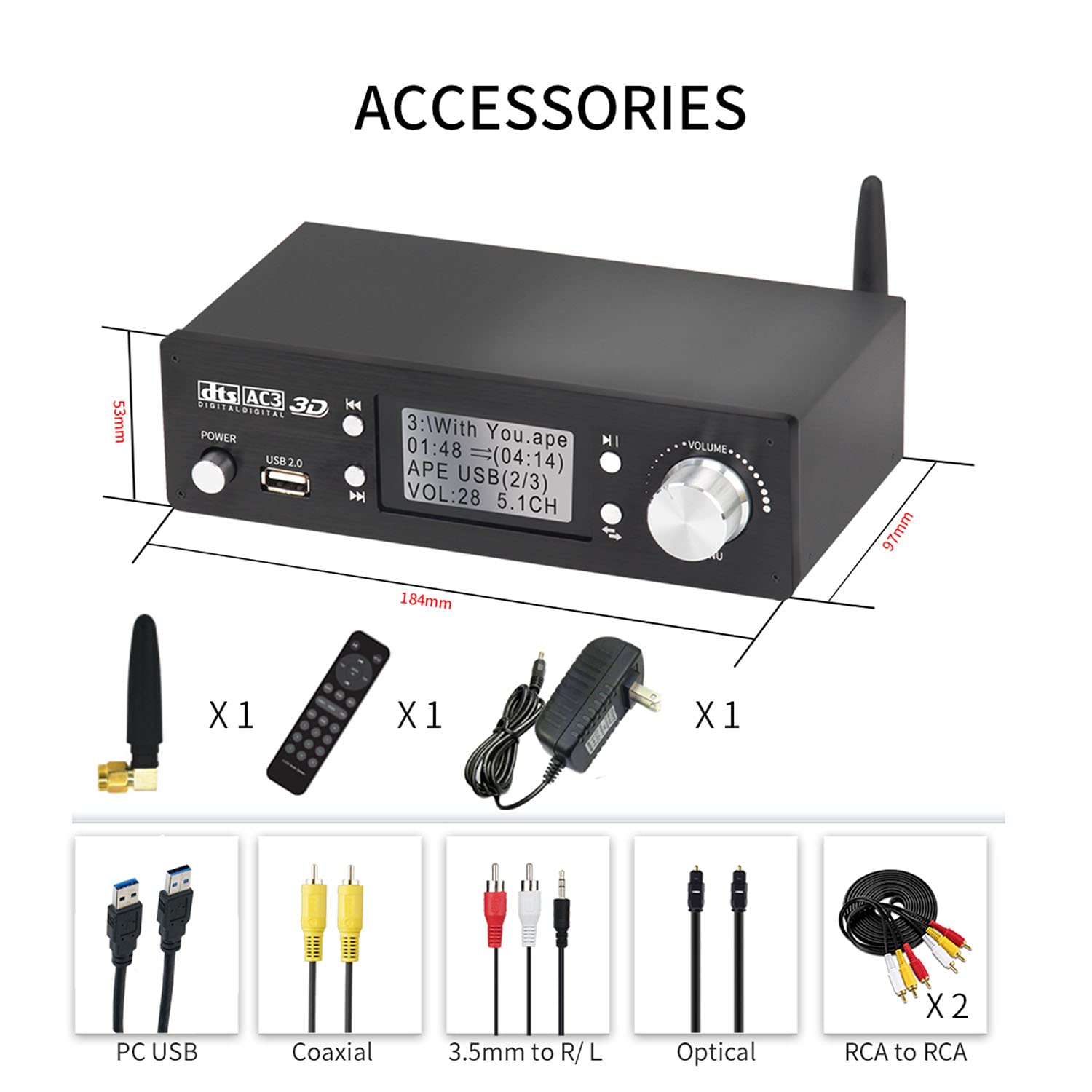 5.1 Decoder Separator for DTS AC3 Digital Analog Audio Video System with BT-5.0 Receiver HDMI 4K 3D Coaxial Optical Fiber AUX U Disk PC-USB Input 192Khz 24Bit P2471