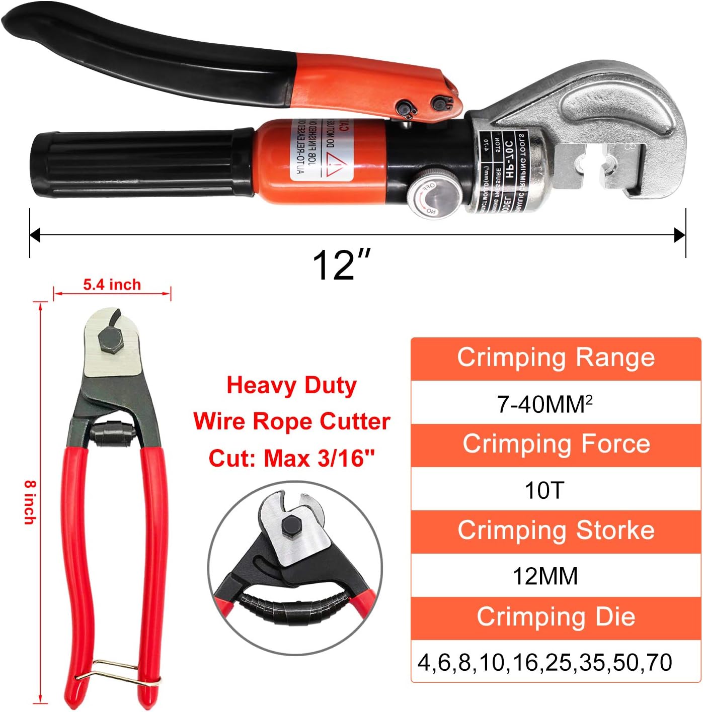10 Ton Hydraulic Cable Crimper with 9 Dies and Stainless Steel Cable Cutter P180153
