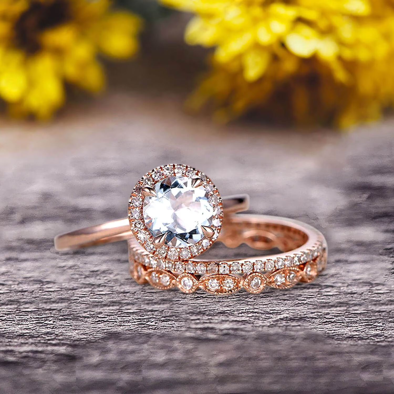 10k Rose Gold 2.25 Carat 6mm Round Cut Aquamarine Engagement Rings With Two Matching Wedding Band E999765
