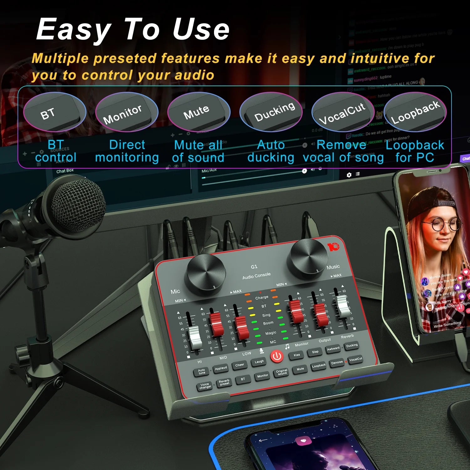Podcast Equipment Bundle with Two E300 Studio Condenser Microphones and G1 Audio Interface Sound Board Voice Changer V8904