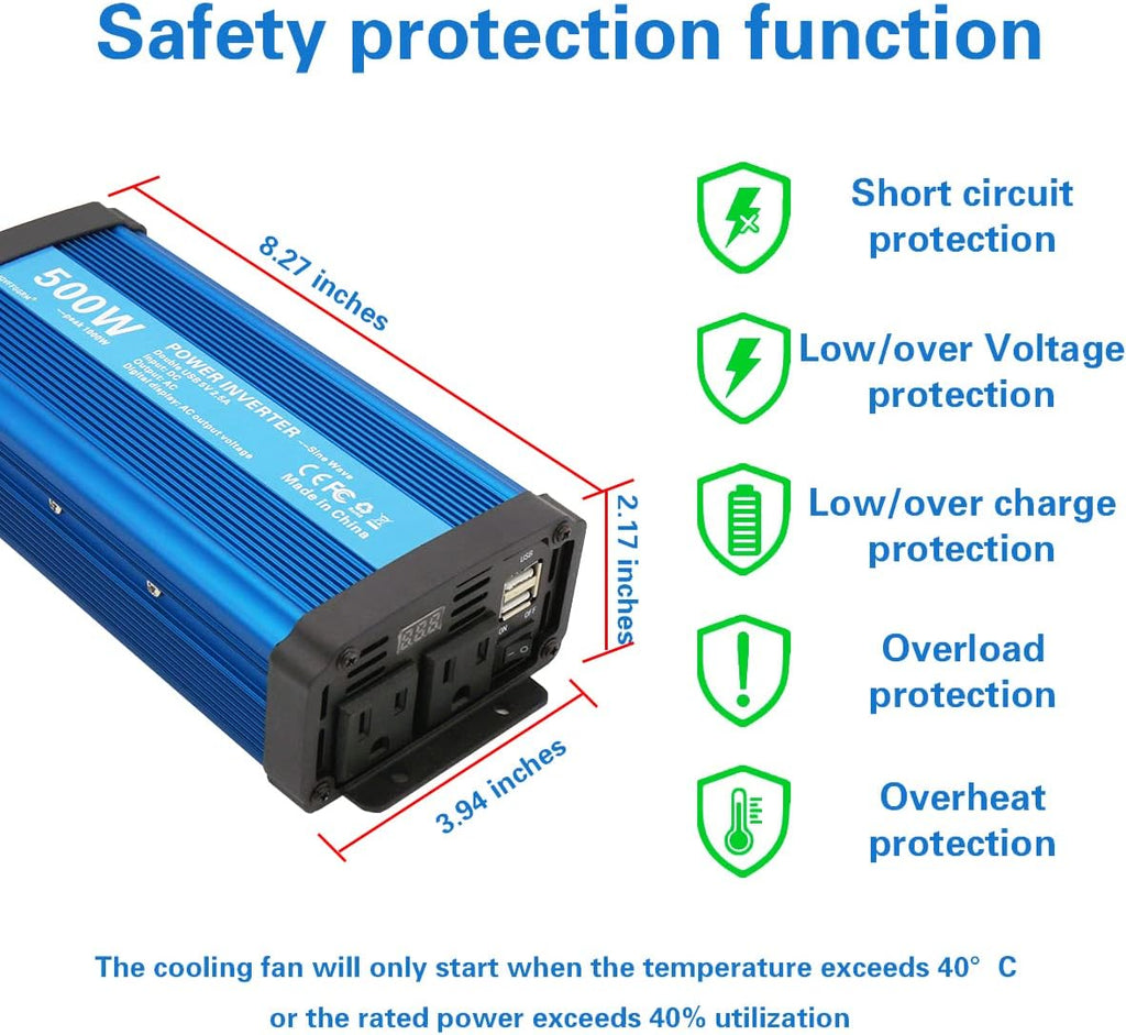 500W Pure Sine Wave Power Inverter DC 12V to 110V AC with 2.4A USB Car Charger Adapter I28296